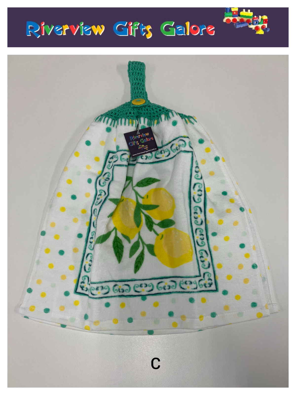 Crochet Top Hand Towel / Tea Towel (Double Thickness) - Lemons and Green Mosaics