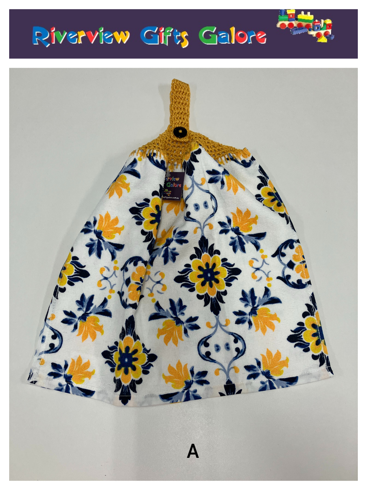Crochet Top Hand Towel / Tea Towel (Double Thickness) - Yellow and Blue Mosaics A