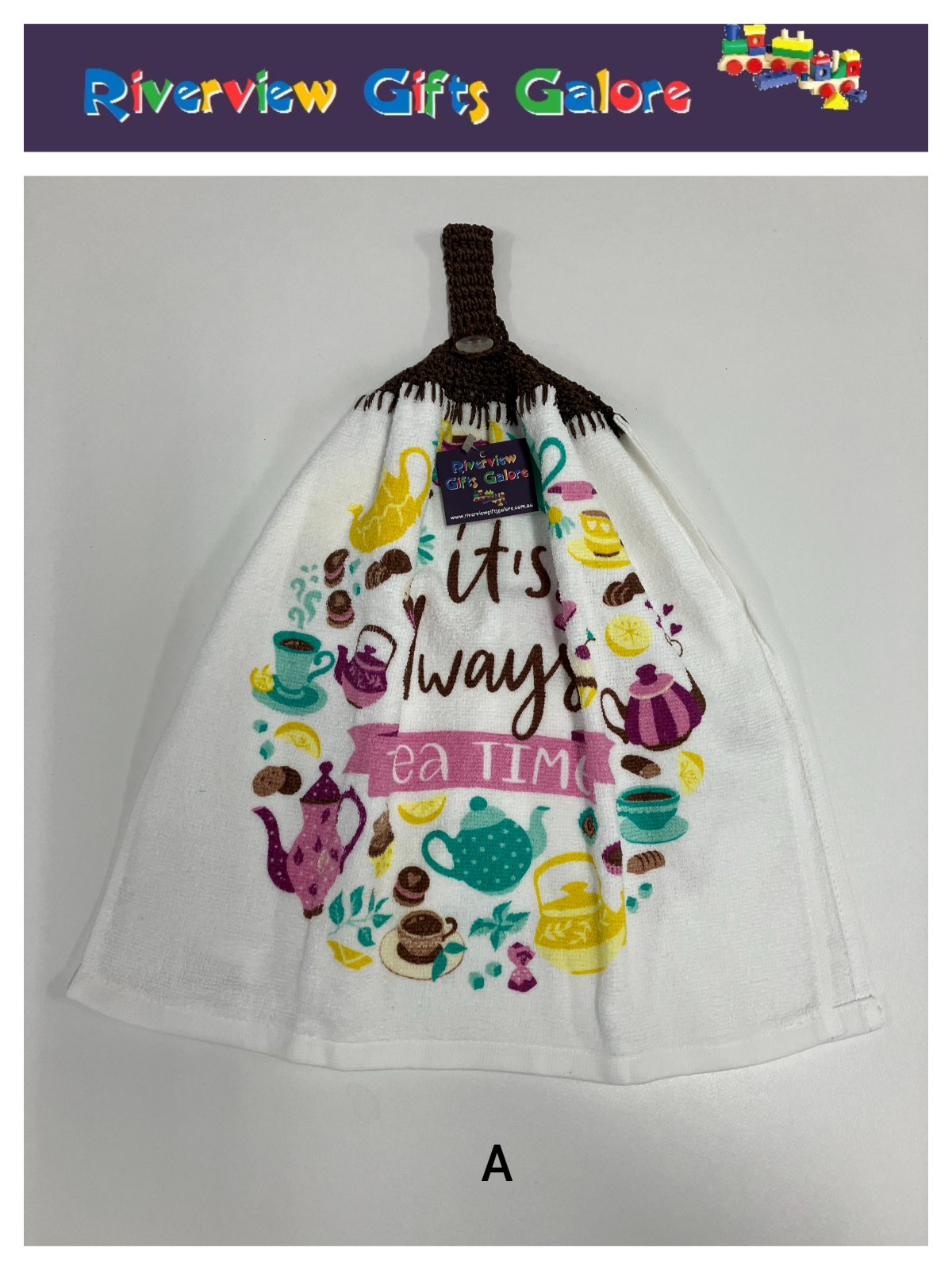 Crochet Top Hand Towel / Tea Towel (Double Thickness) - It's Always Tea Time
