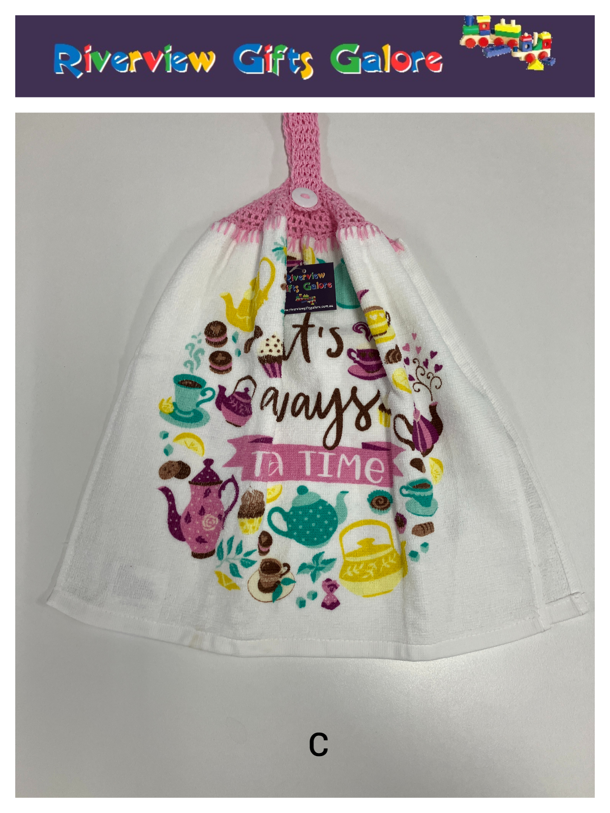 Crochet Top Hand Towel / Tea Towel (Double Thickness) - It's Always Tea Time