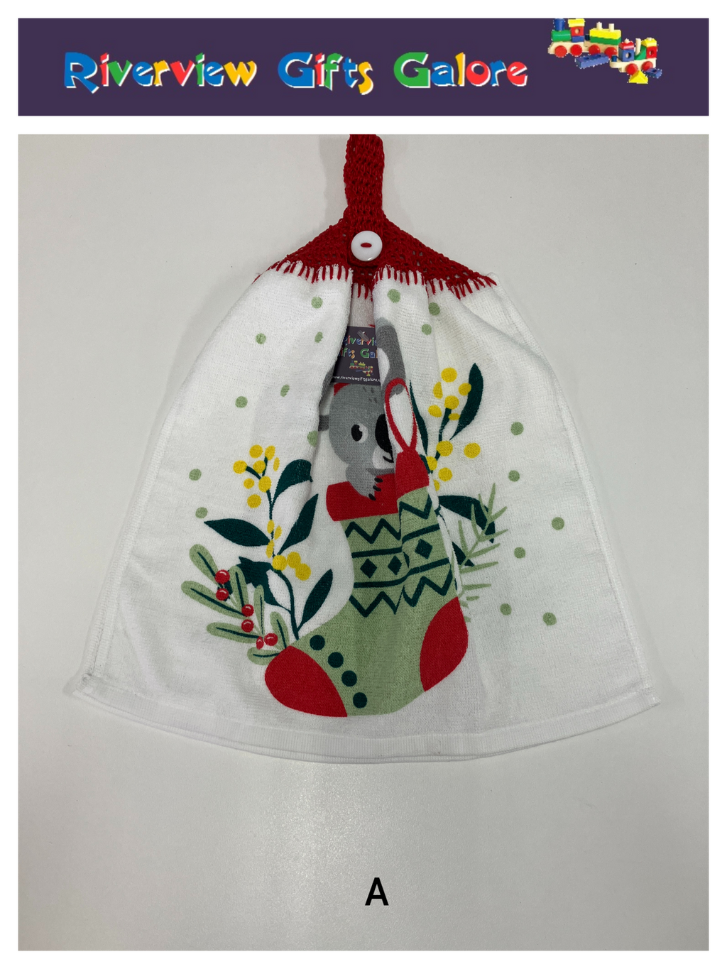 Crochet Top Hand Towel / Tea Towel (Double Thickness) - Christmas Koala Stocking