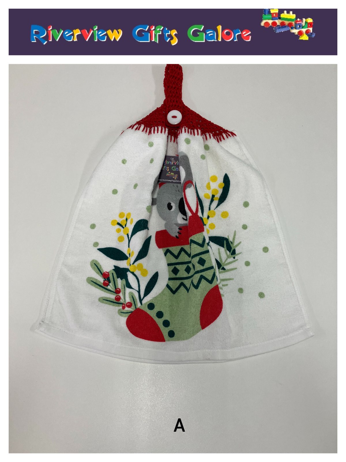 Crochet Top Hand Towel / Tea Towel (Double Thickness) - Christmas Koala Stocking