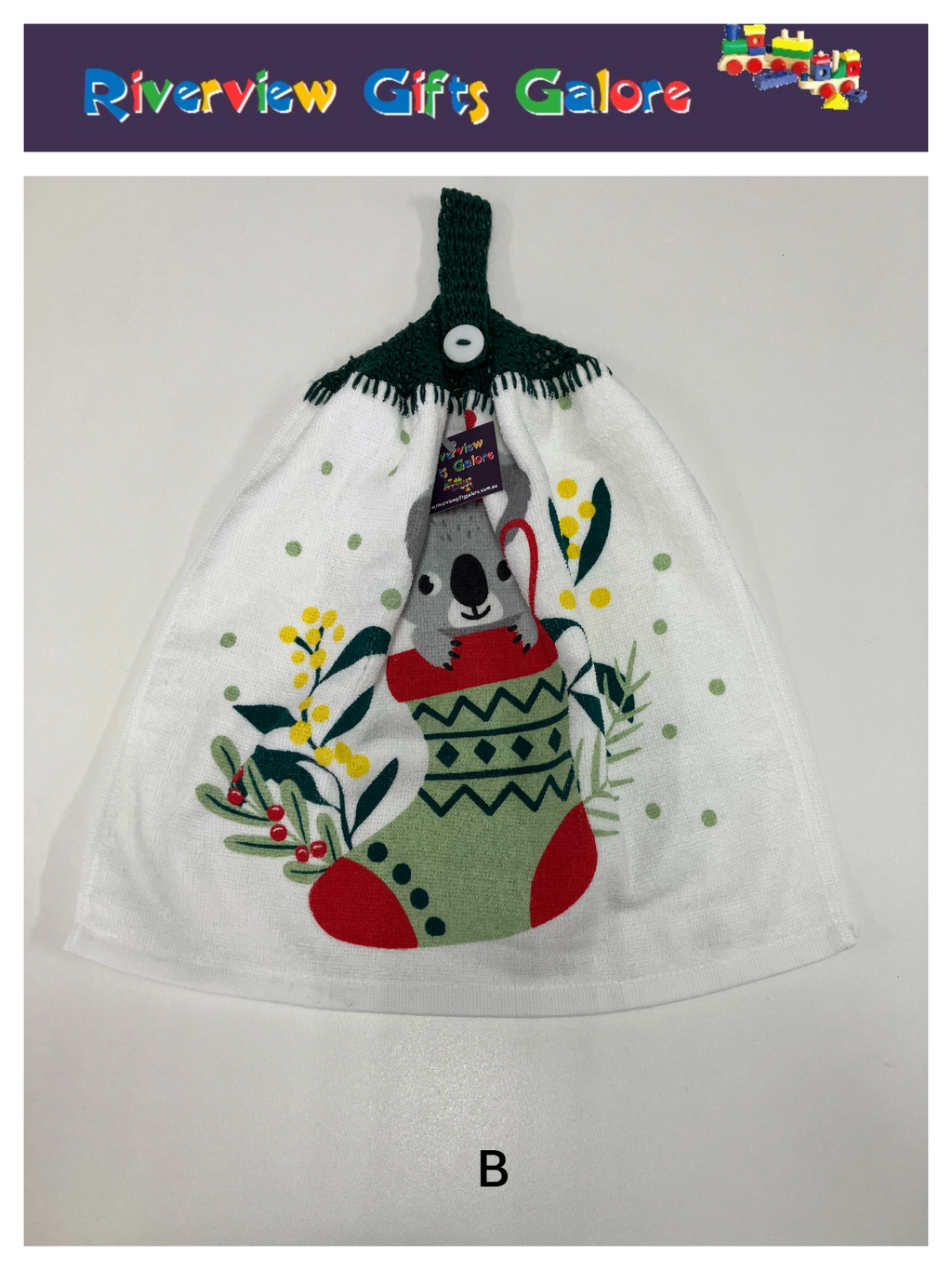 Crochet Top Hand Towel / Tea Towel (Double Thickness) - Christmas Koala Stocking