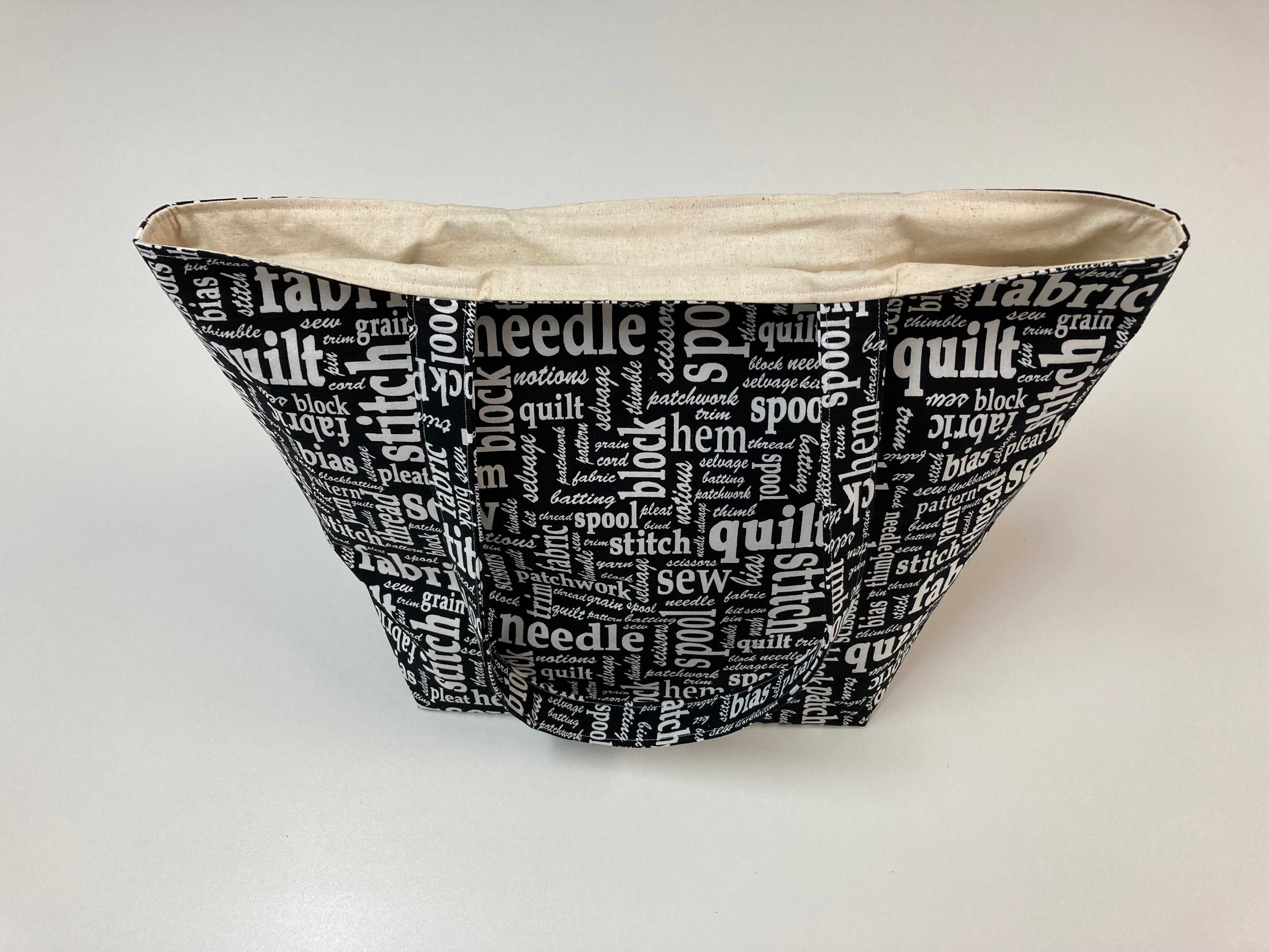 Large Tote Bag – Sewing Words on Black