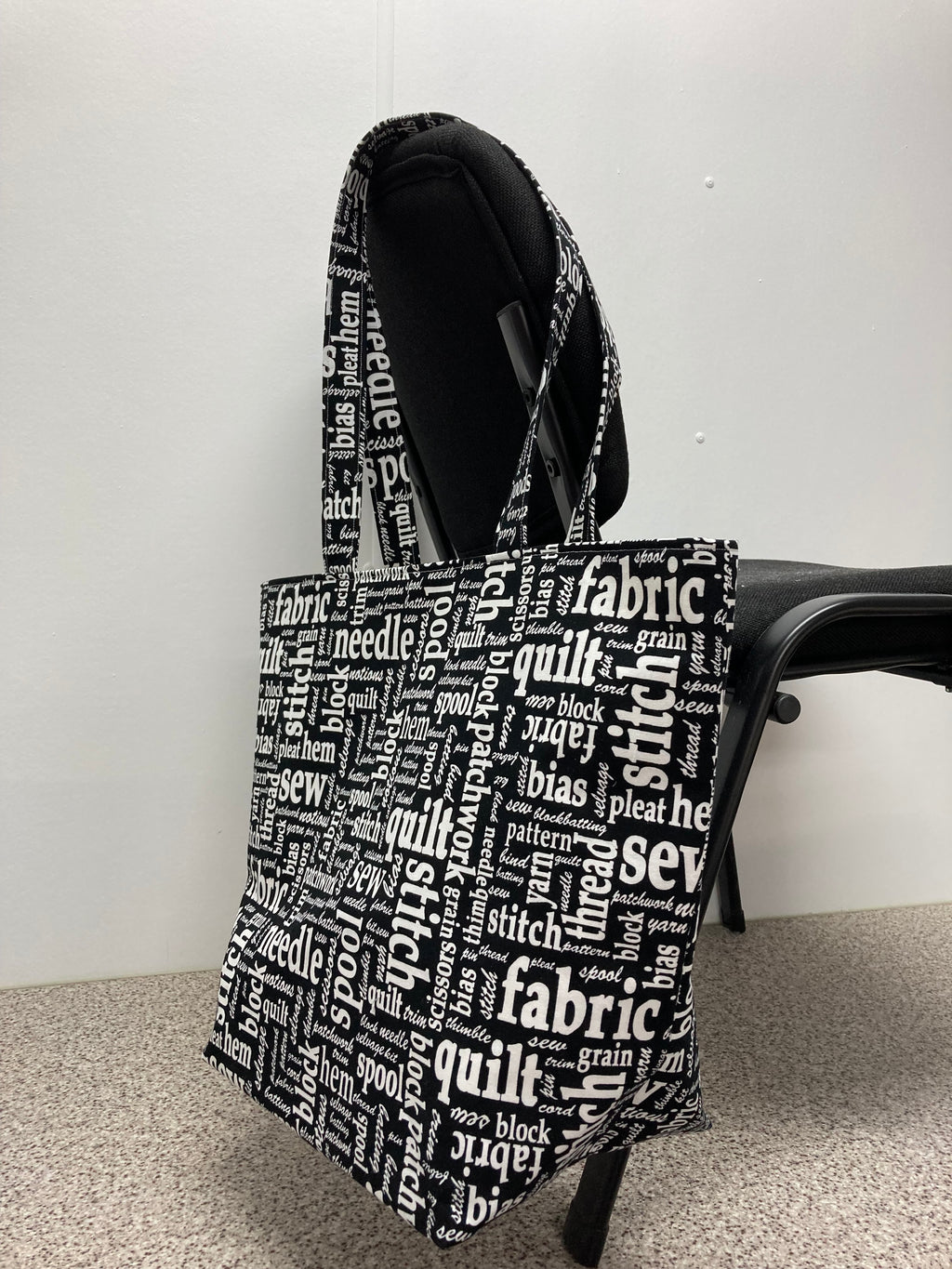 Large Tote Bag – Sewing Words on Black