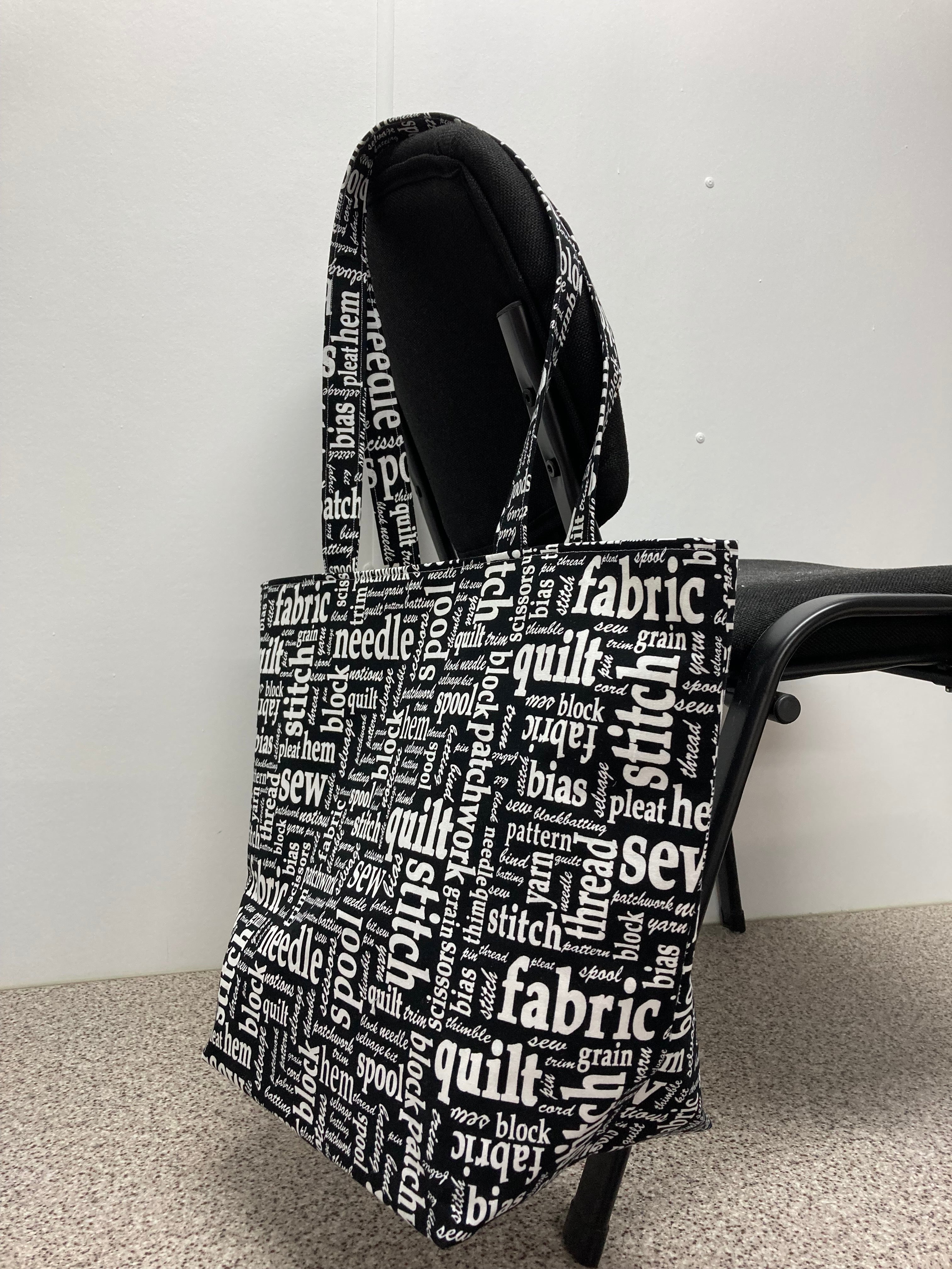 Large Tote Bag – Sewing Words on Black