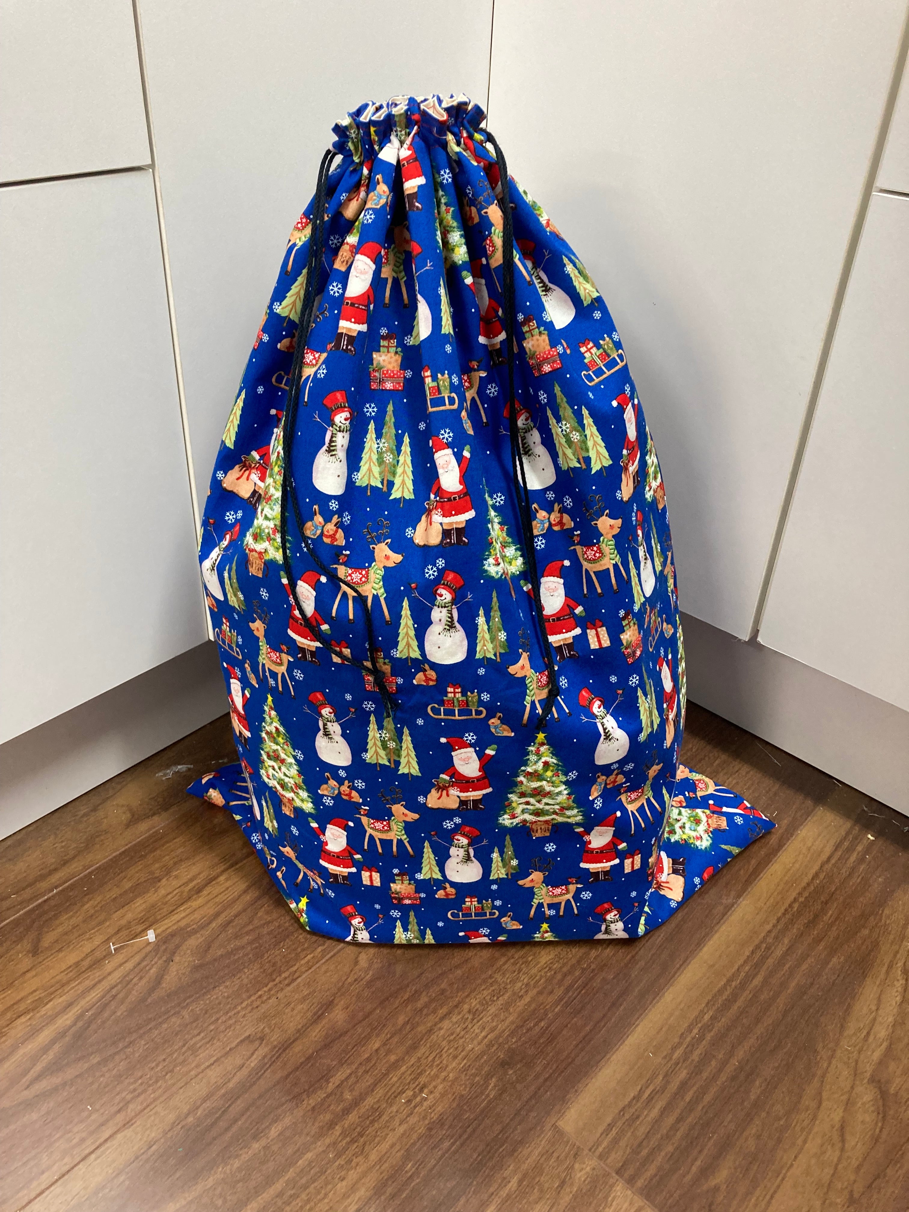 Santa Sack - Large - Christmas Print on Blue