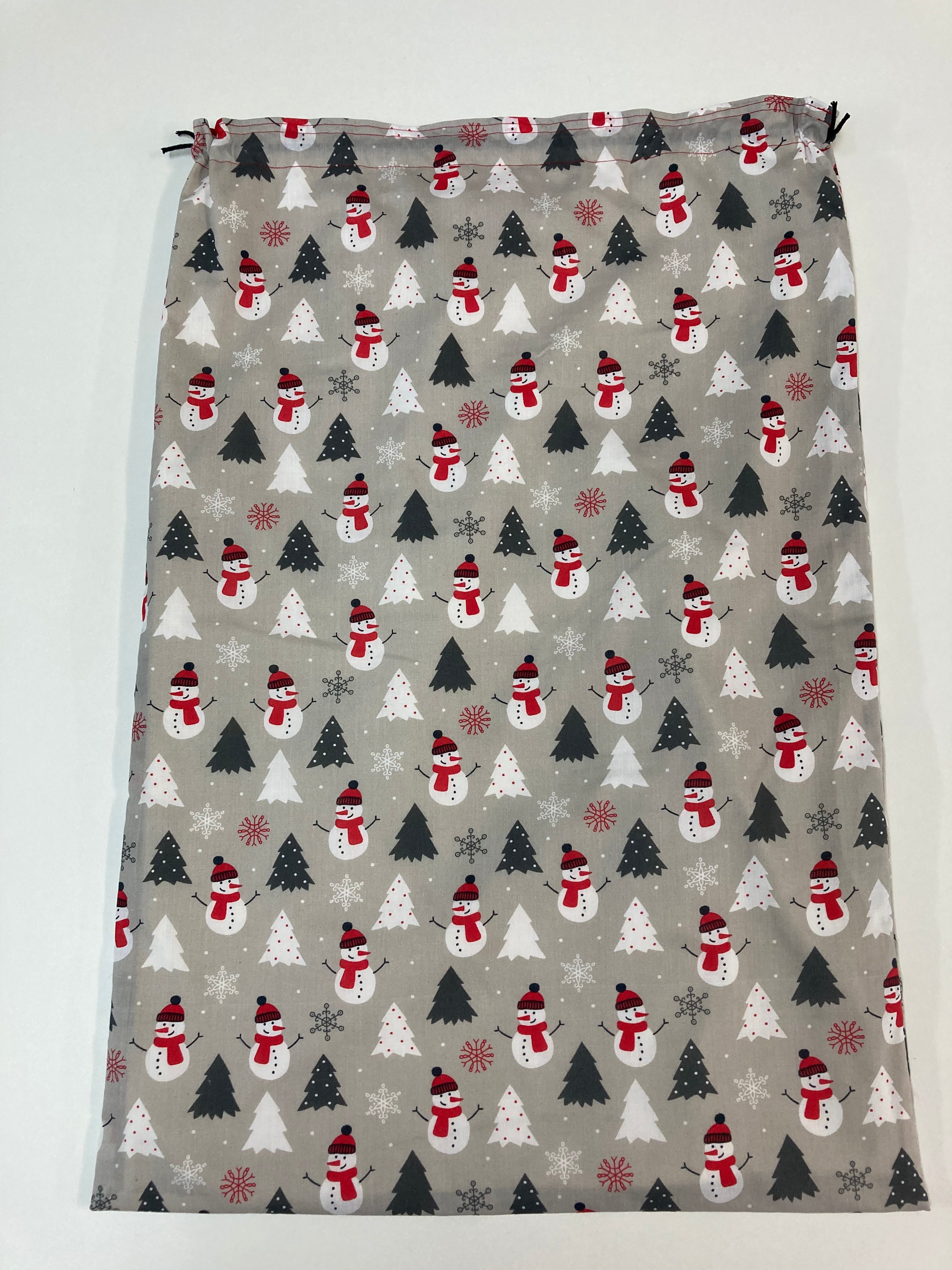 Santa Sack - Large - Snowmen and Xmas Trees on Grey