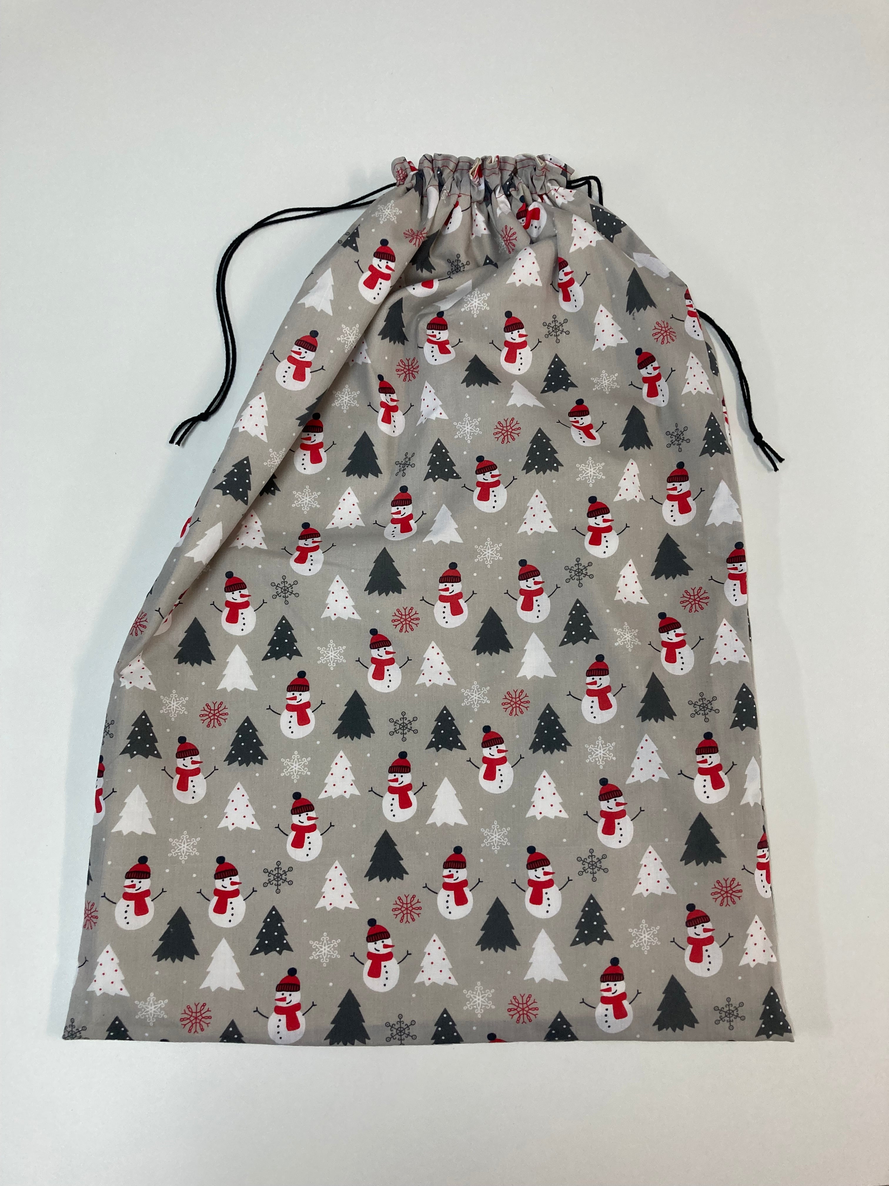 Santa Sack - Large - Snowmen and Xmas Trees on Grey
