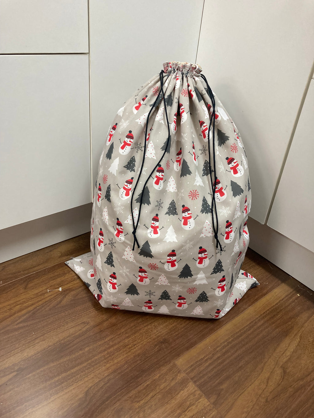 Santa Sack - Large - Snowmen and Xmas Trees on Grey