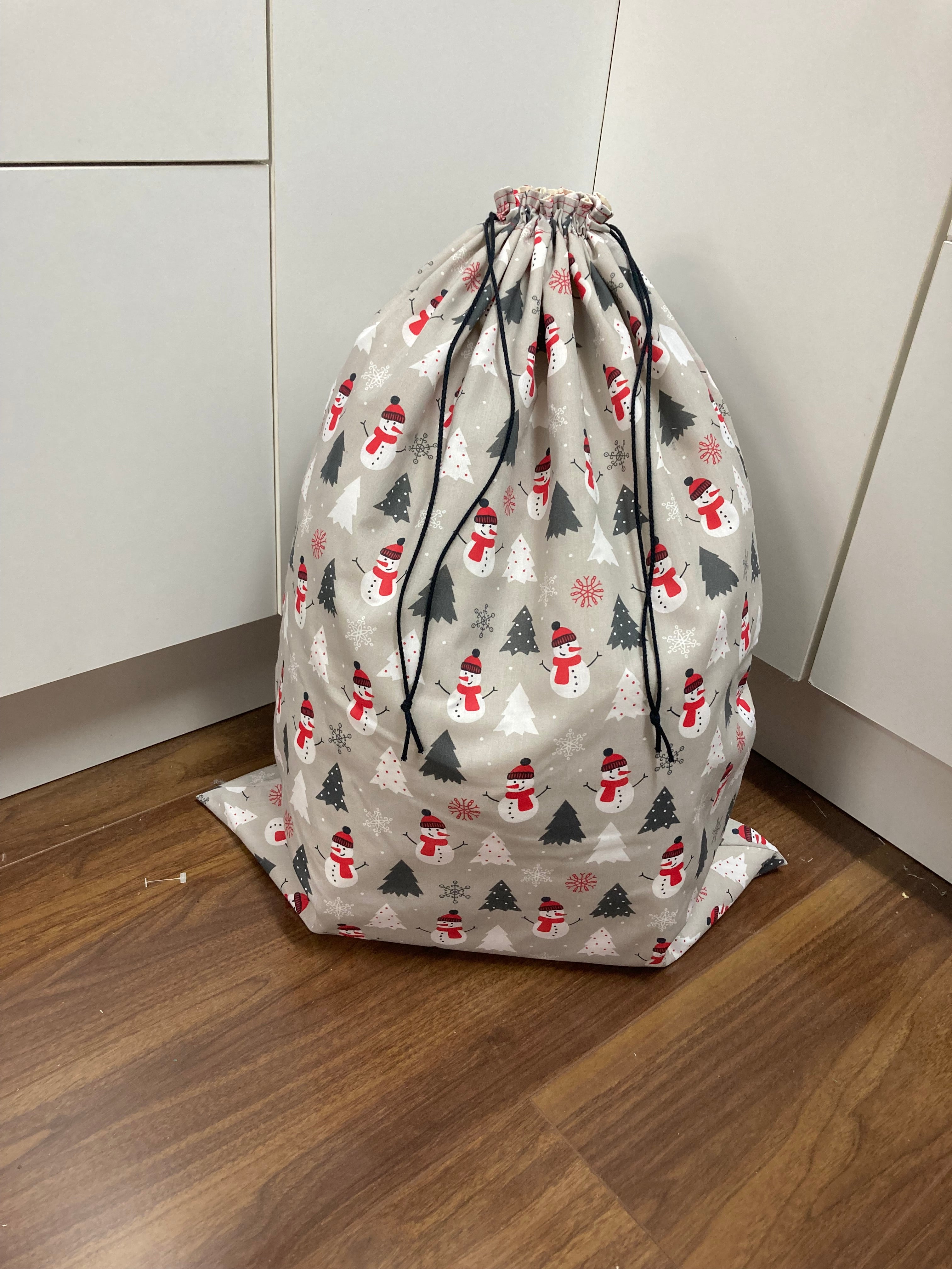 Santa Sack - Large - Snowmen and Xmas Trees on Grey