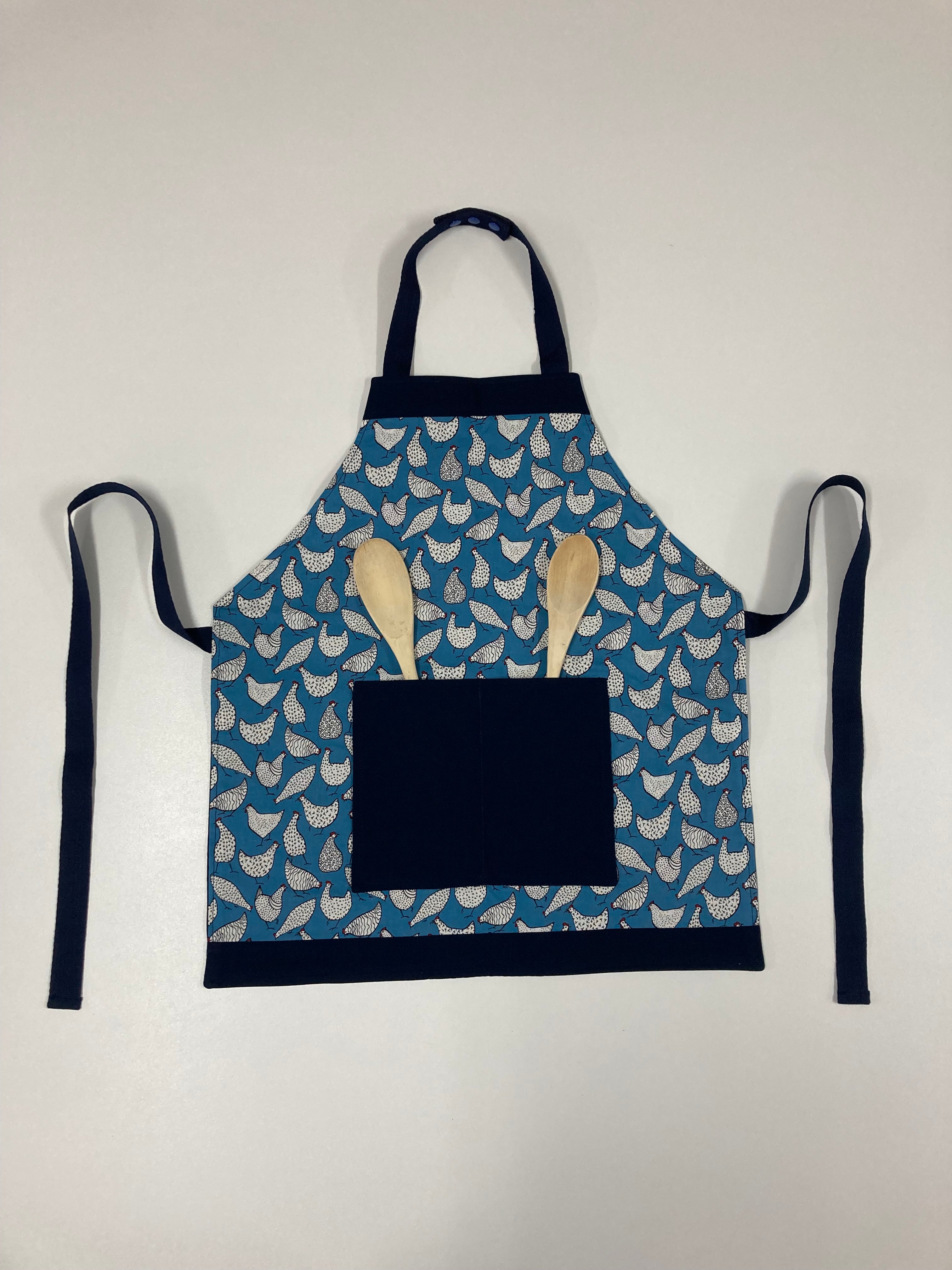 Apron Reversible - Duck Egg Blue Chooks / Navy