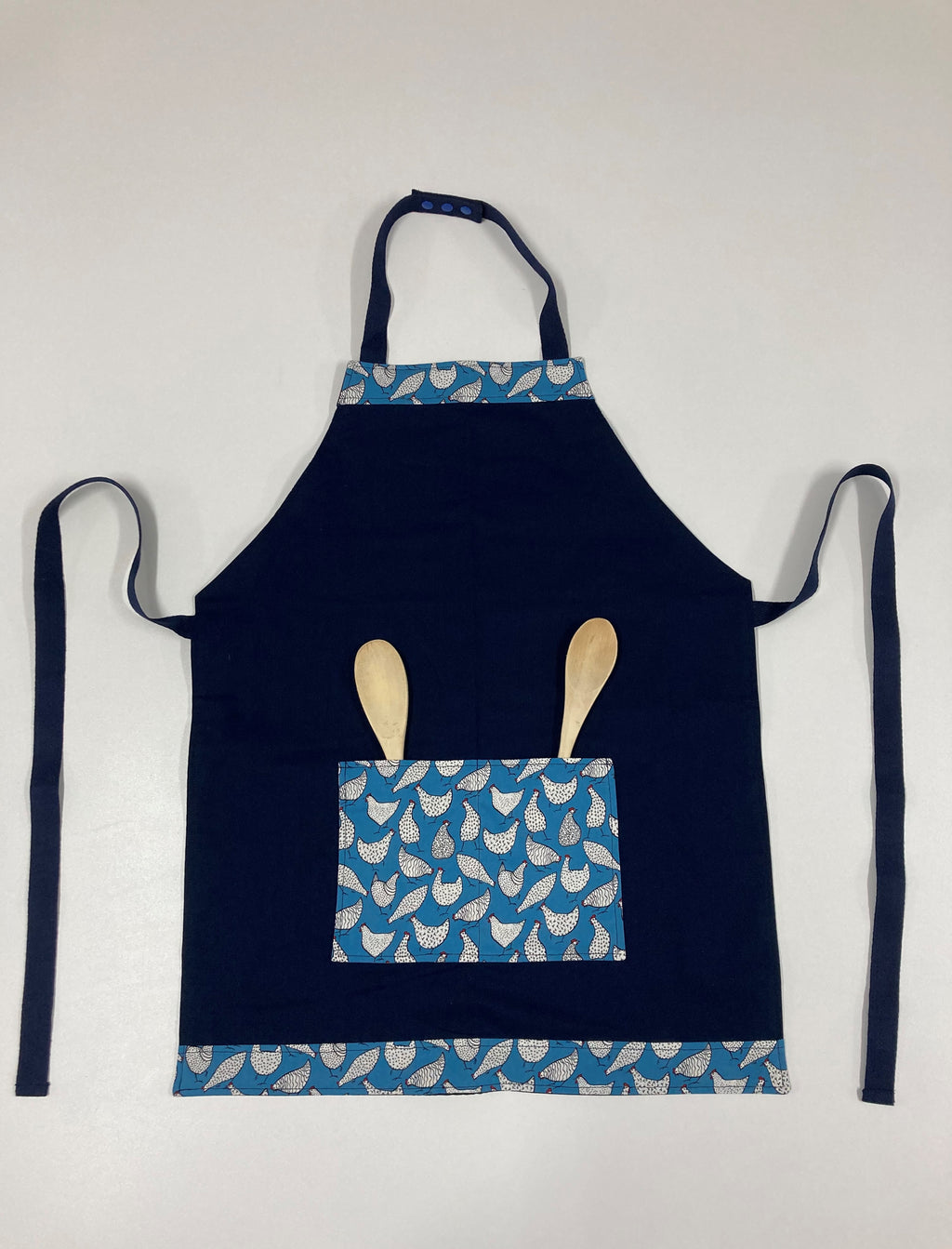 Apron Reversible - Duck Egg Blue Chooks / Navy