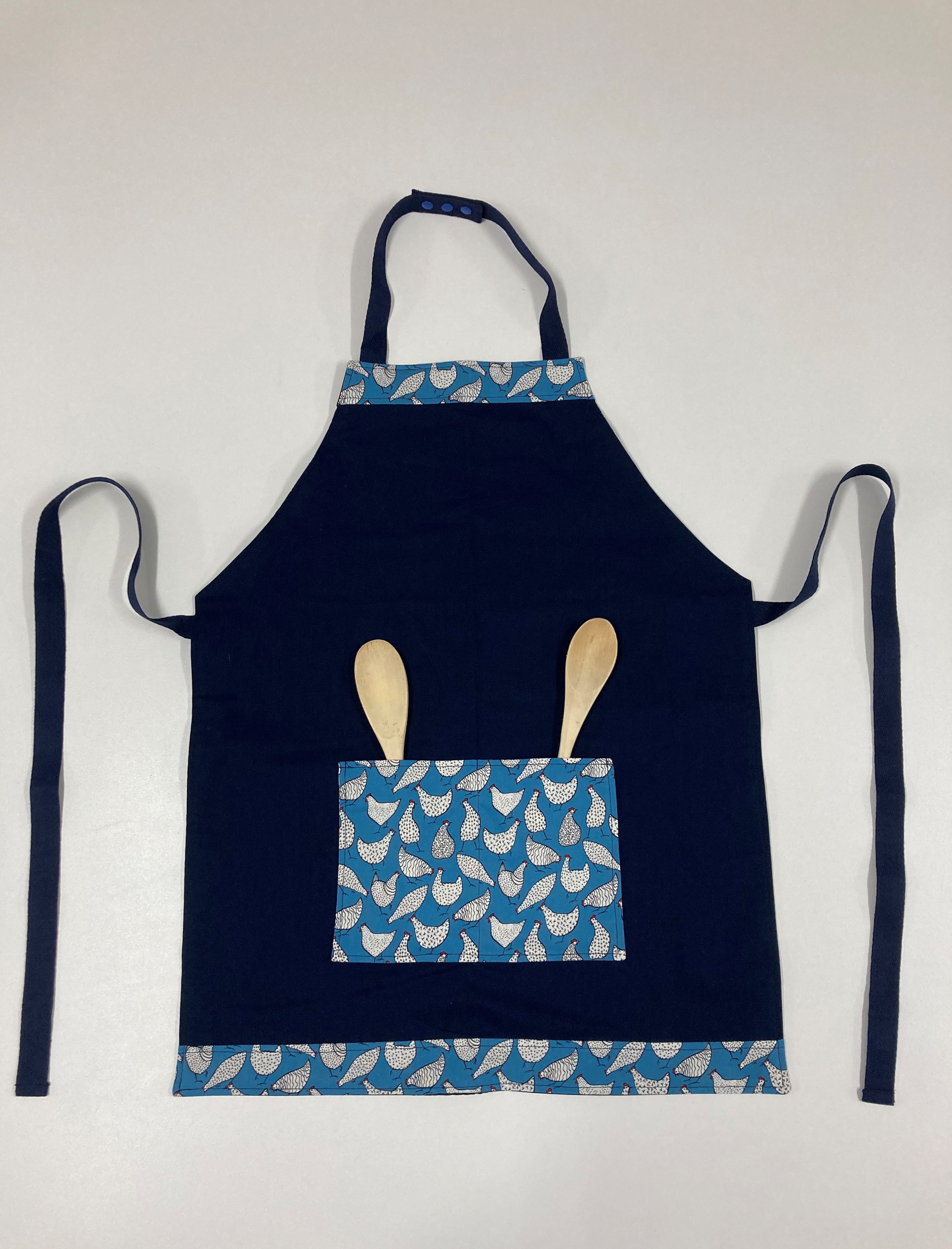 Apron Reversible - Duck Egg Blue Chooks / Navy