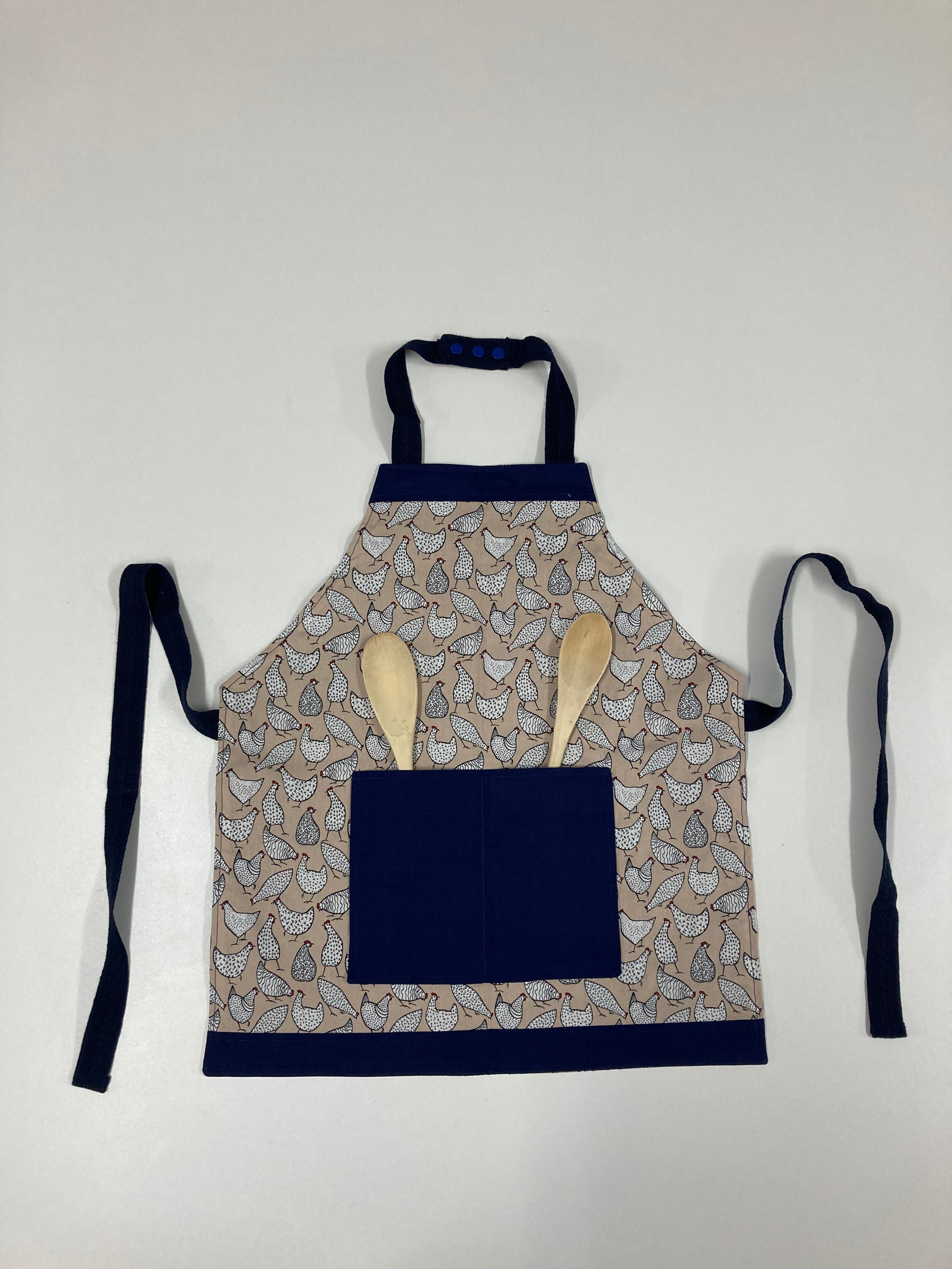 Apron Reversible - Beige Chooks / Blue