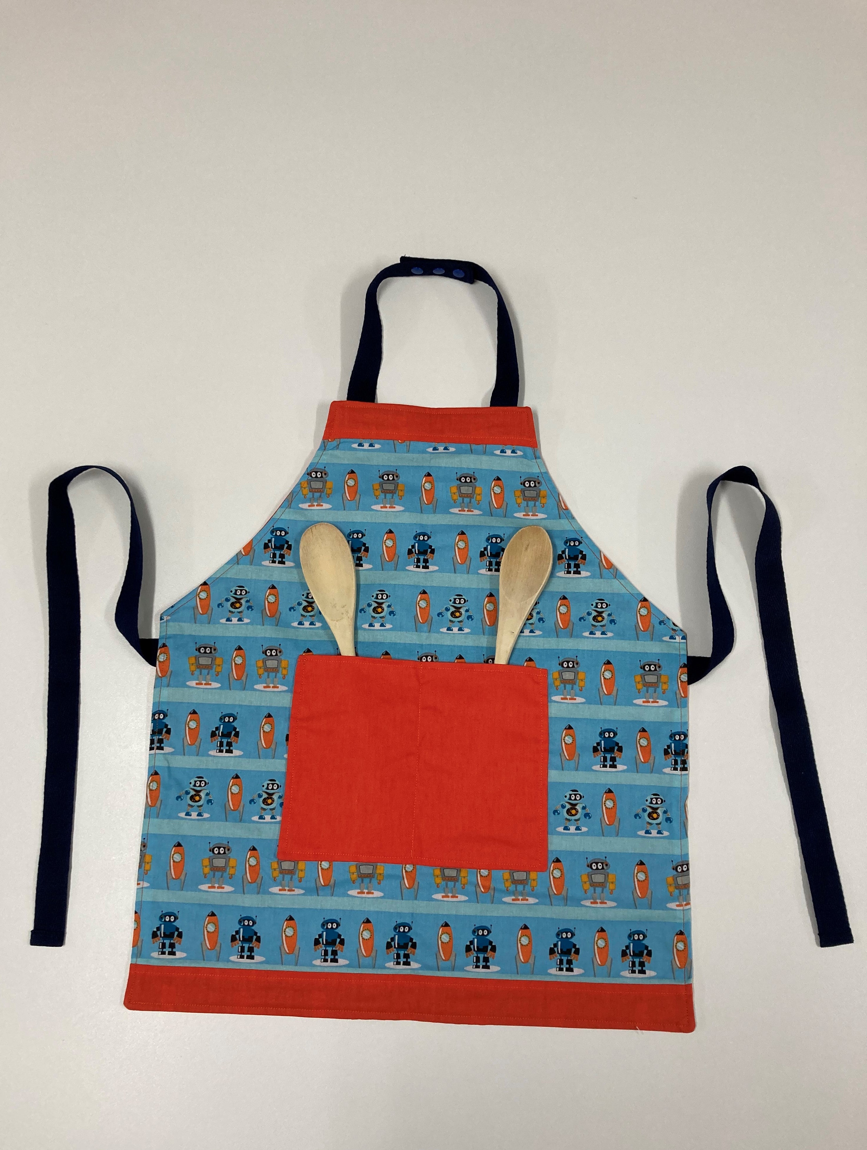 Apron Reversible - Light Blue Robots / Orange