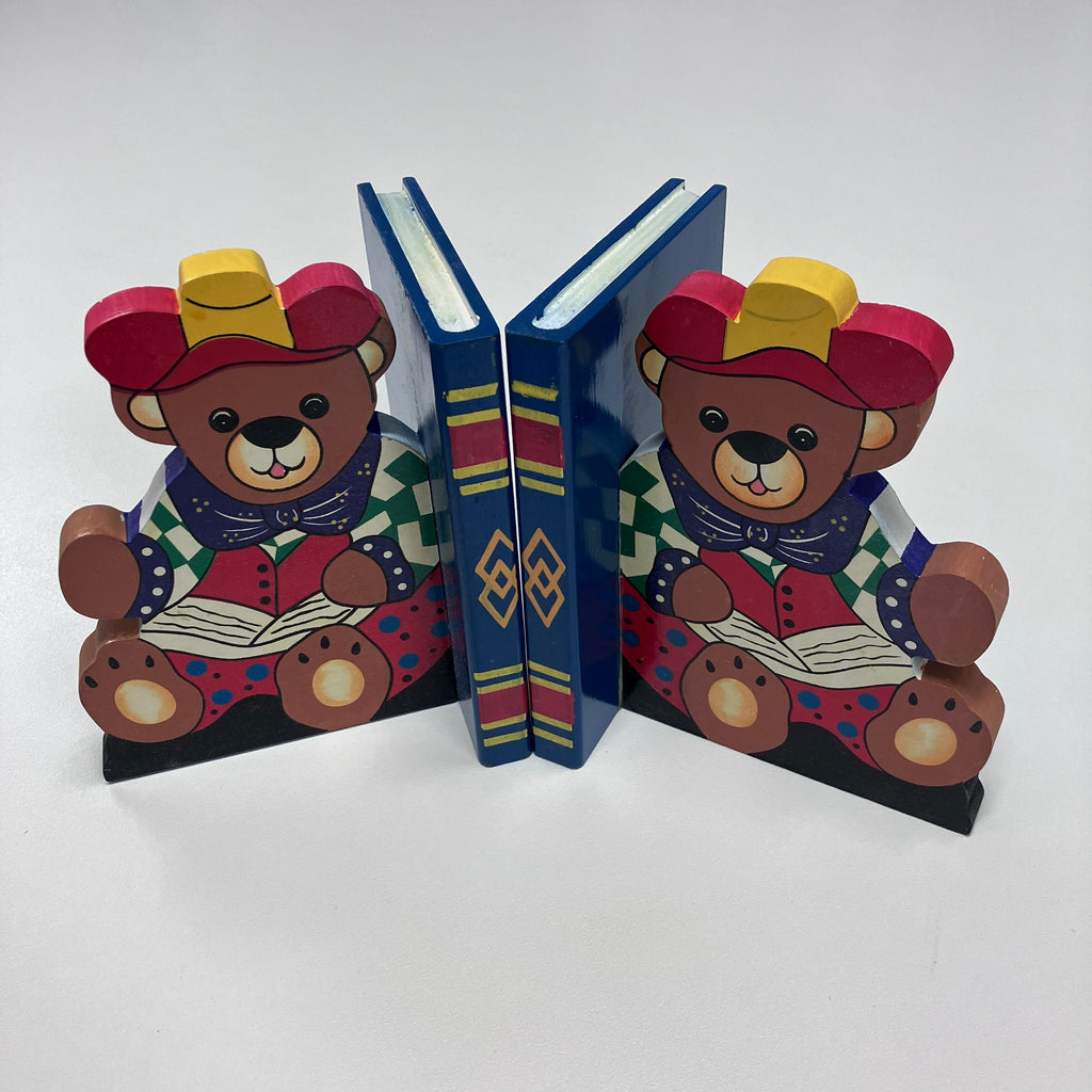 Wooden Bookends - Teddy - Blue Book