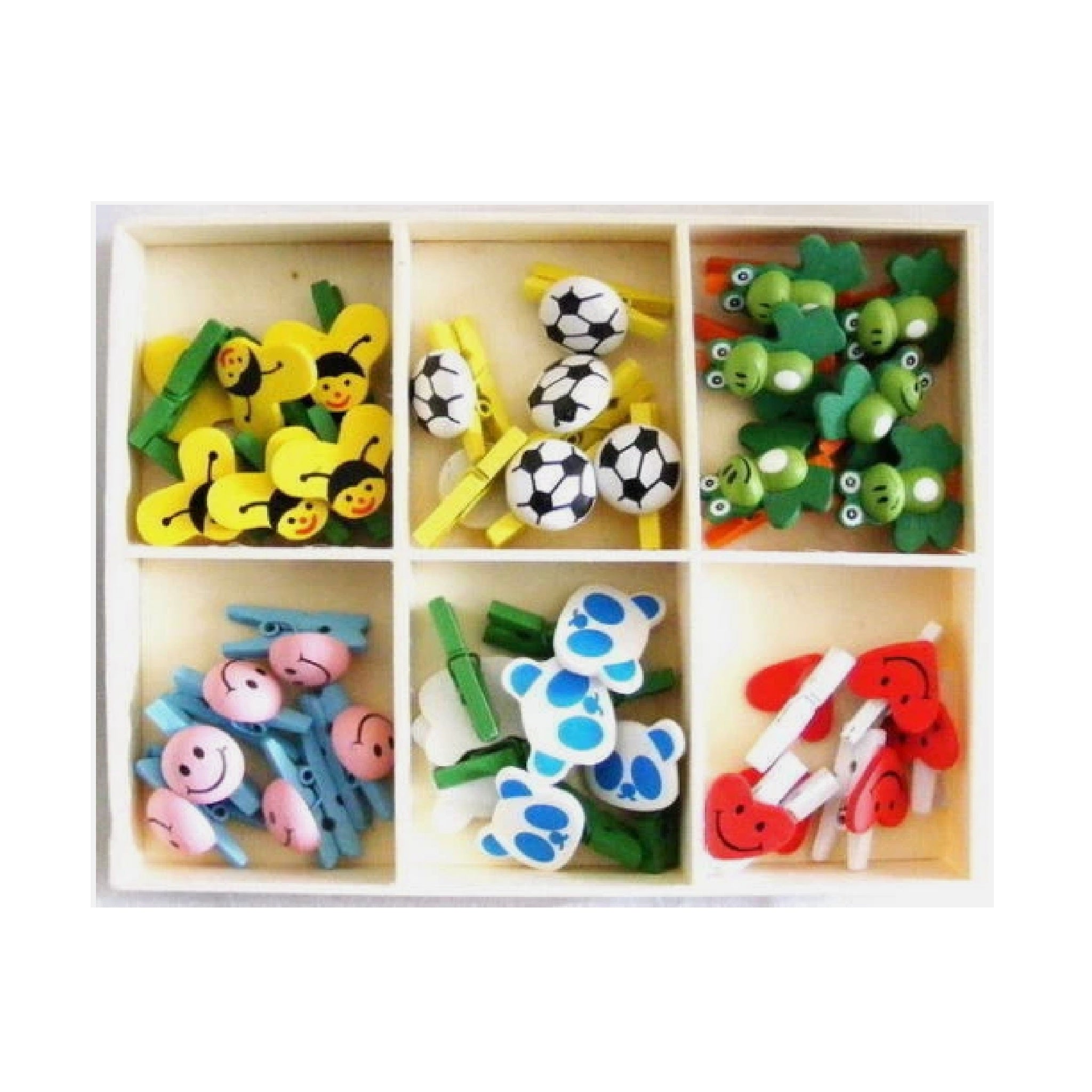 Wooden Mini Pegs in Box - Football and Animals