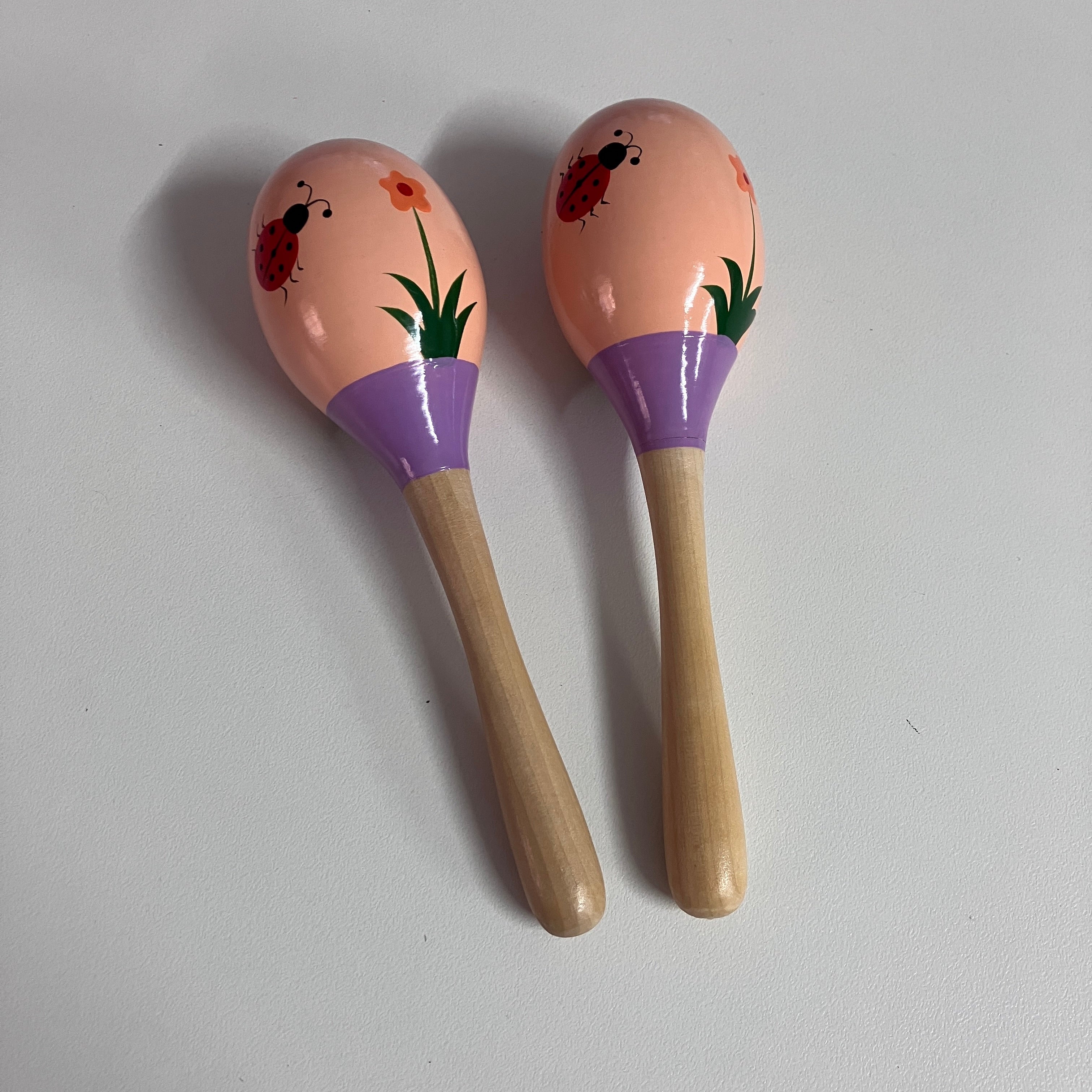 Wooden Maracas - 20cm - Ladybirds on Peach
