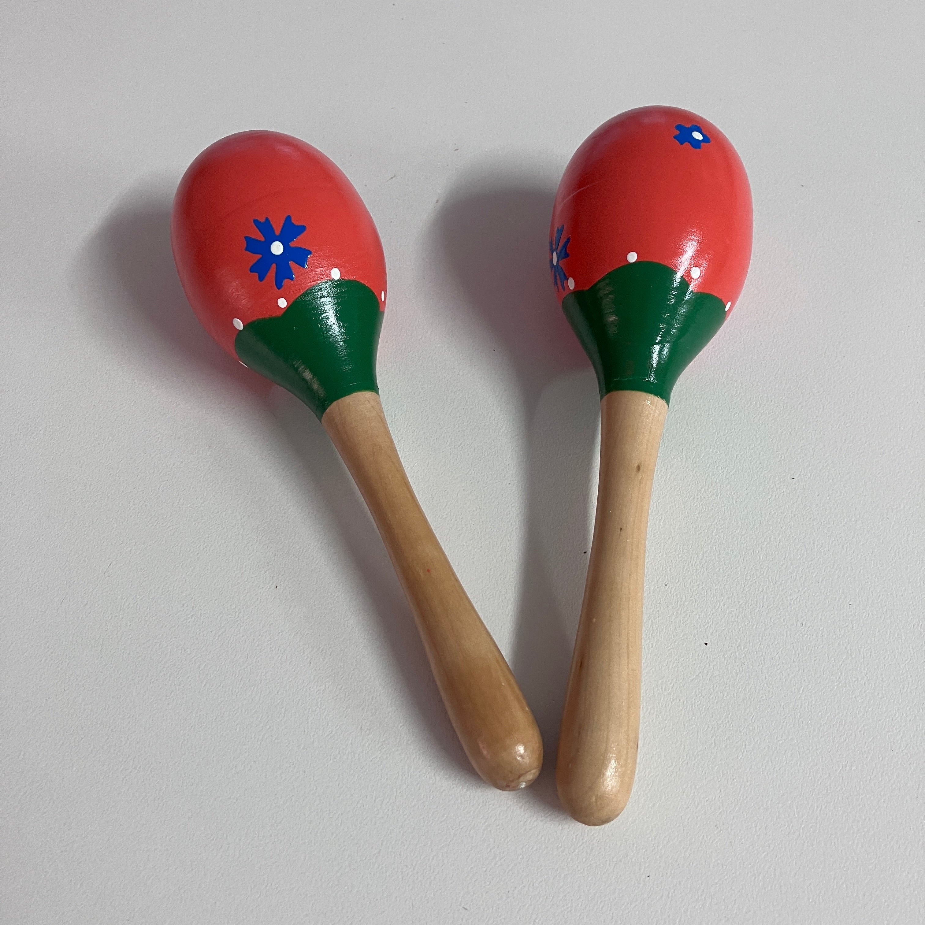 Wooden Maracas - 20cm - Flowers on Red / Green