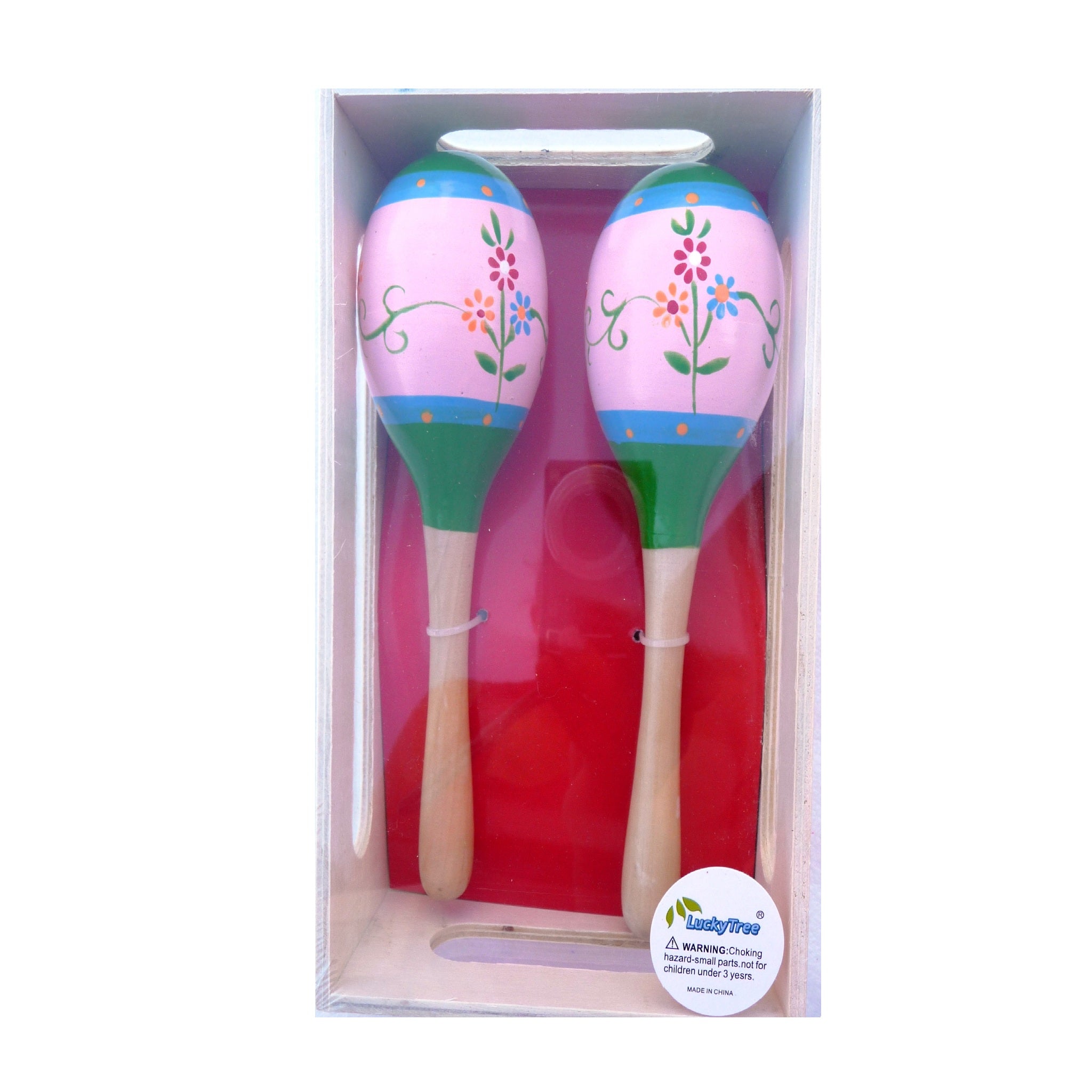 Wooden Maracas in Box - 19cm - Pink Flower