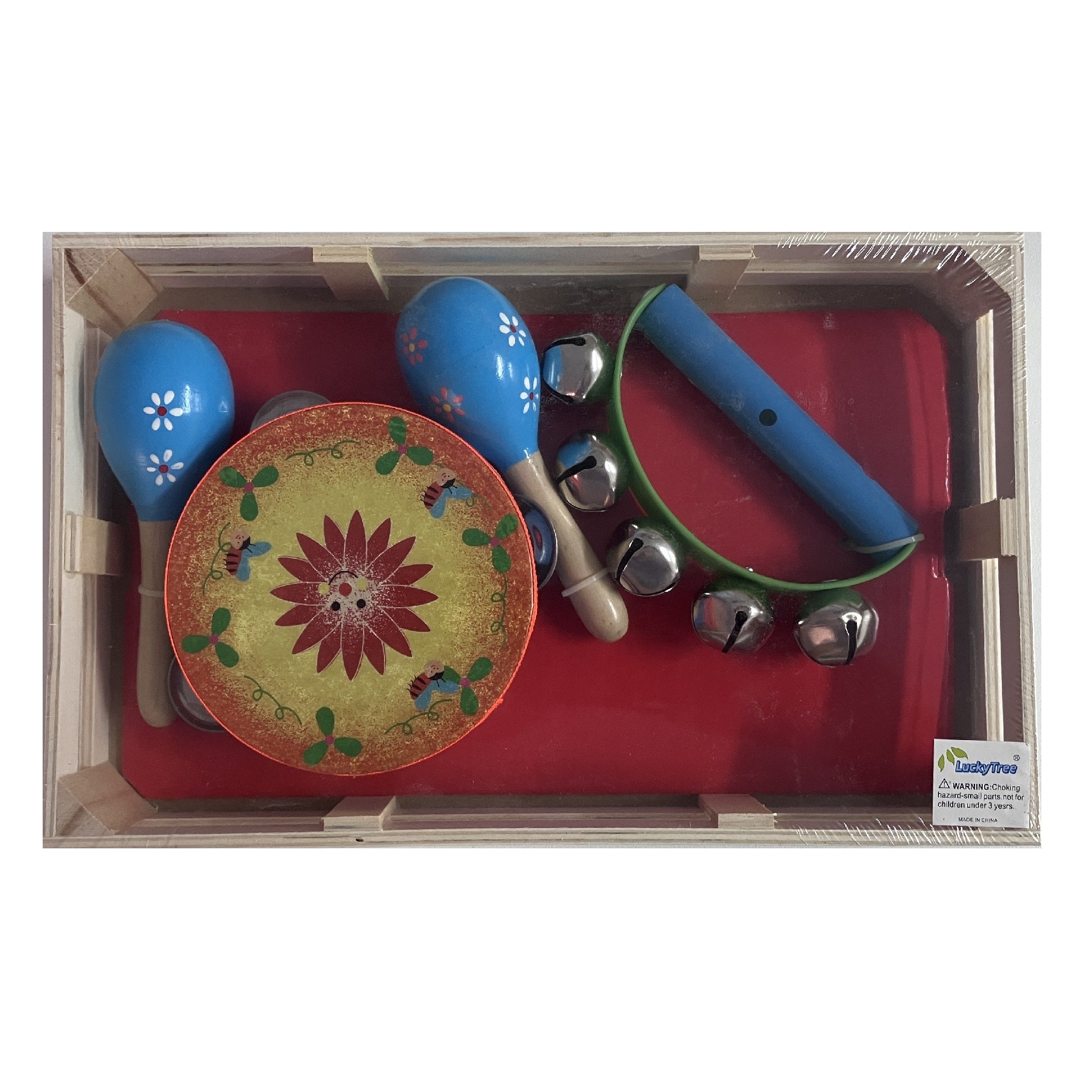 Music Set in Wooden Box - Small - Bee - Blue Flower Maracas
