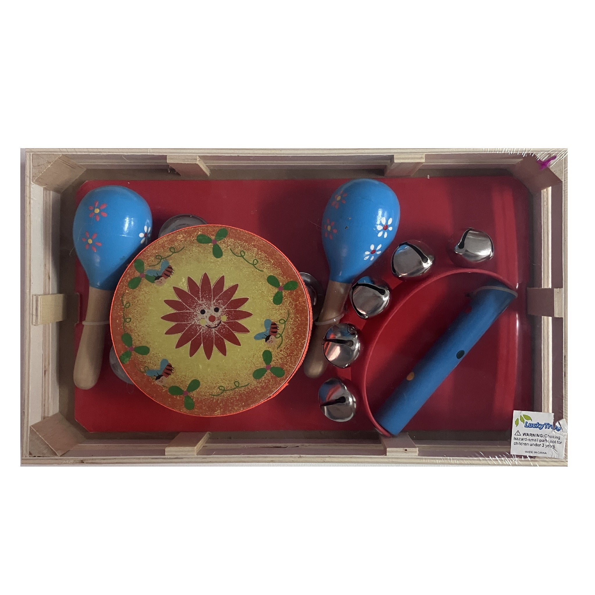 Music Set in Wooden Box - Small - Bee - Blue Flower Maracas