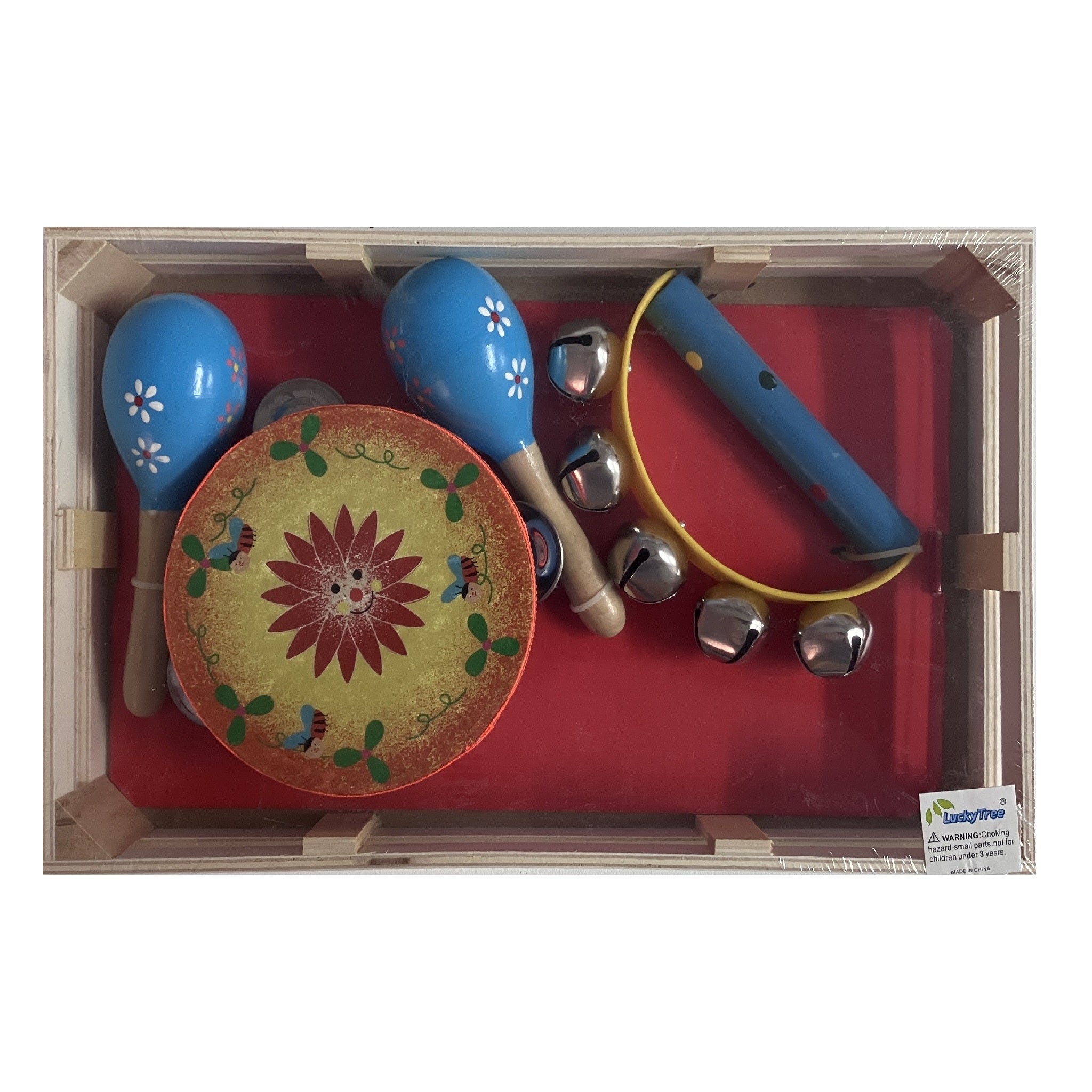 Music Set in Wooden Box - Small - Bee - Blue Flower Maracas