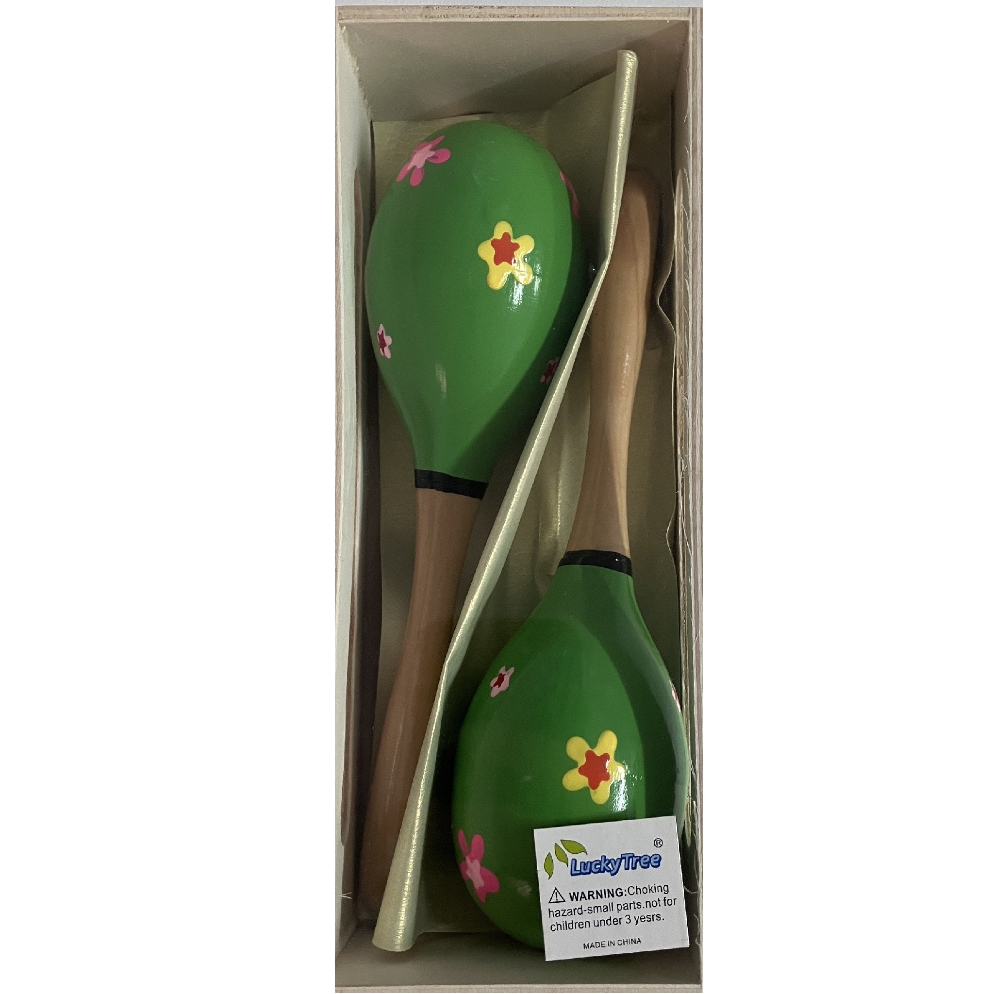 Wooden Maracas in Box - 19cm - Green Flowers