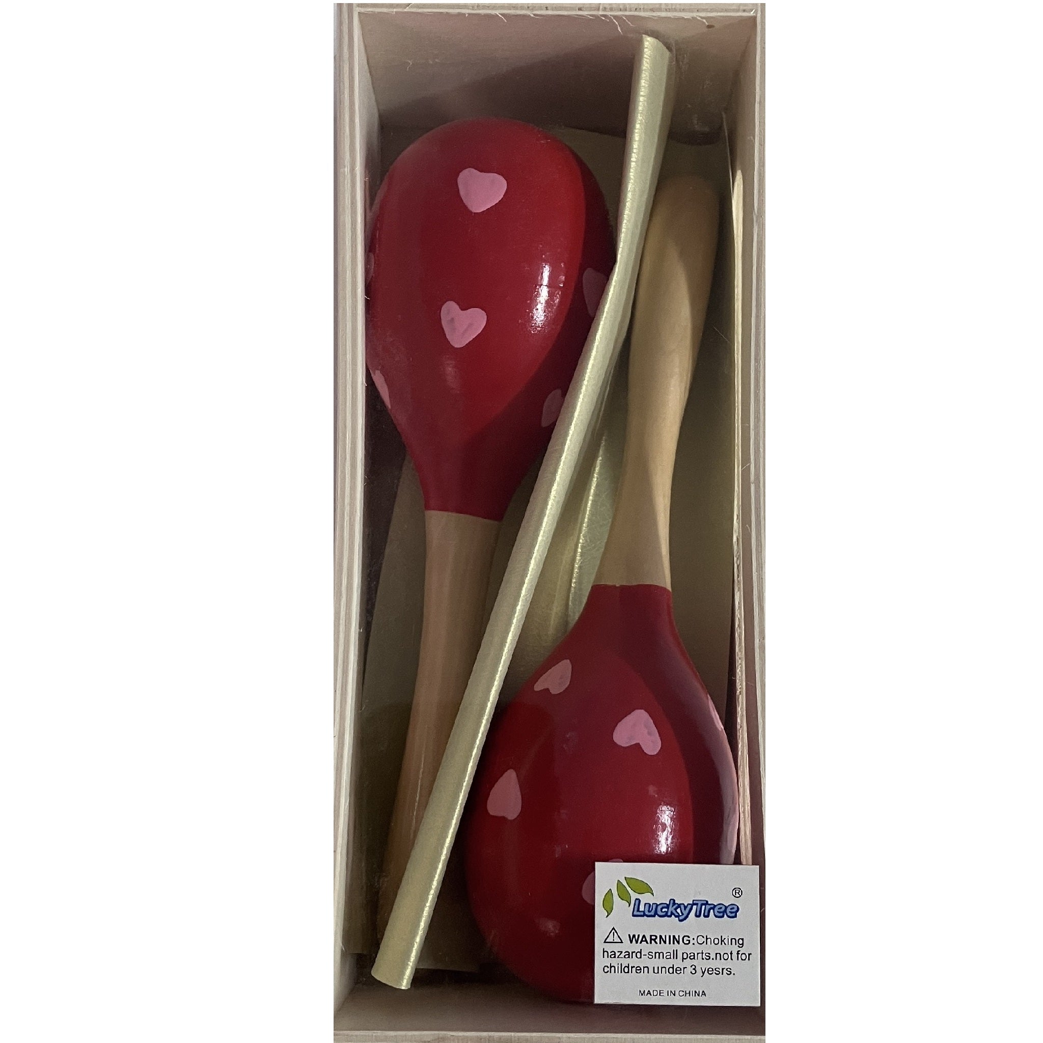 Wooden Maracas in Box - 19cm - Pink Hearts on Red