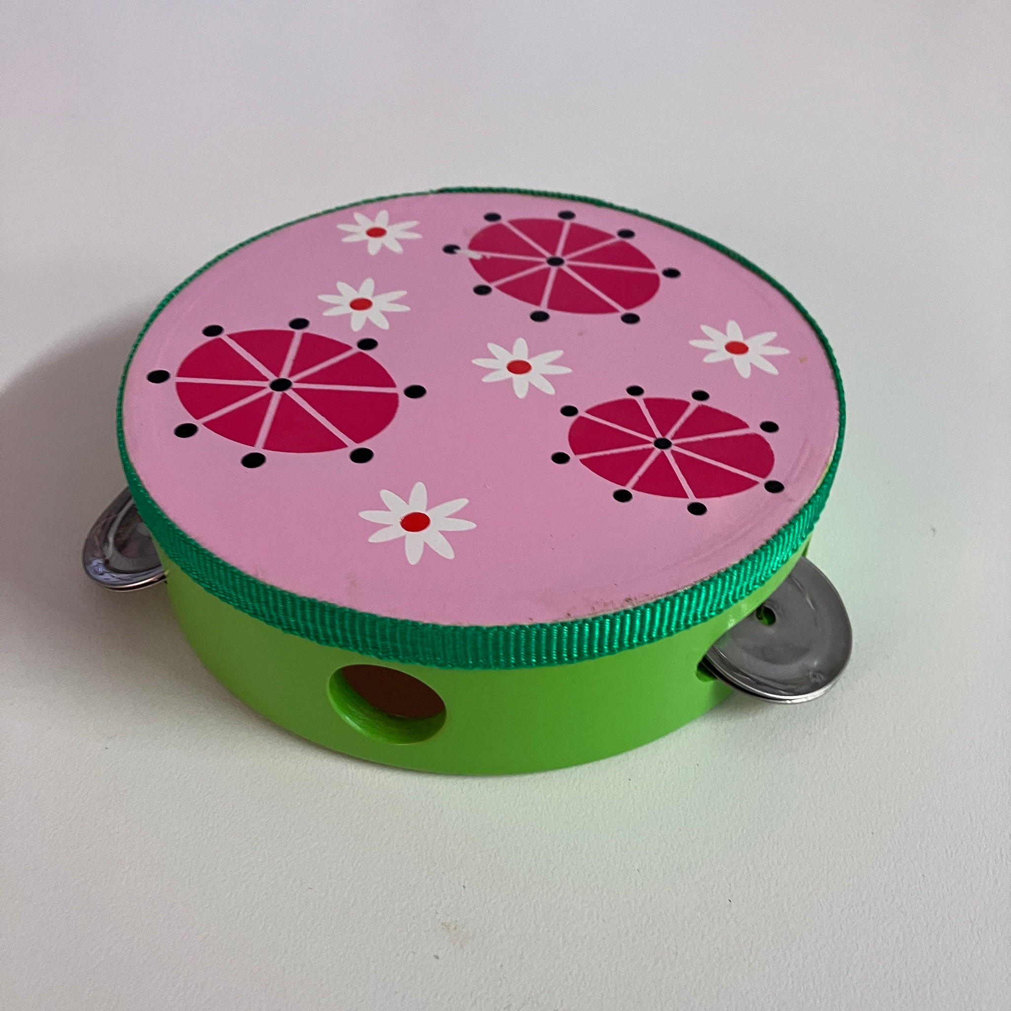 Wooden Tambourine  - Pink Pattern / Green on side