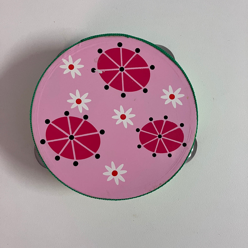 Wooden Tambourine  - Pink Pattern / Green on side