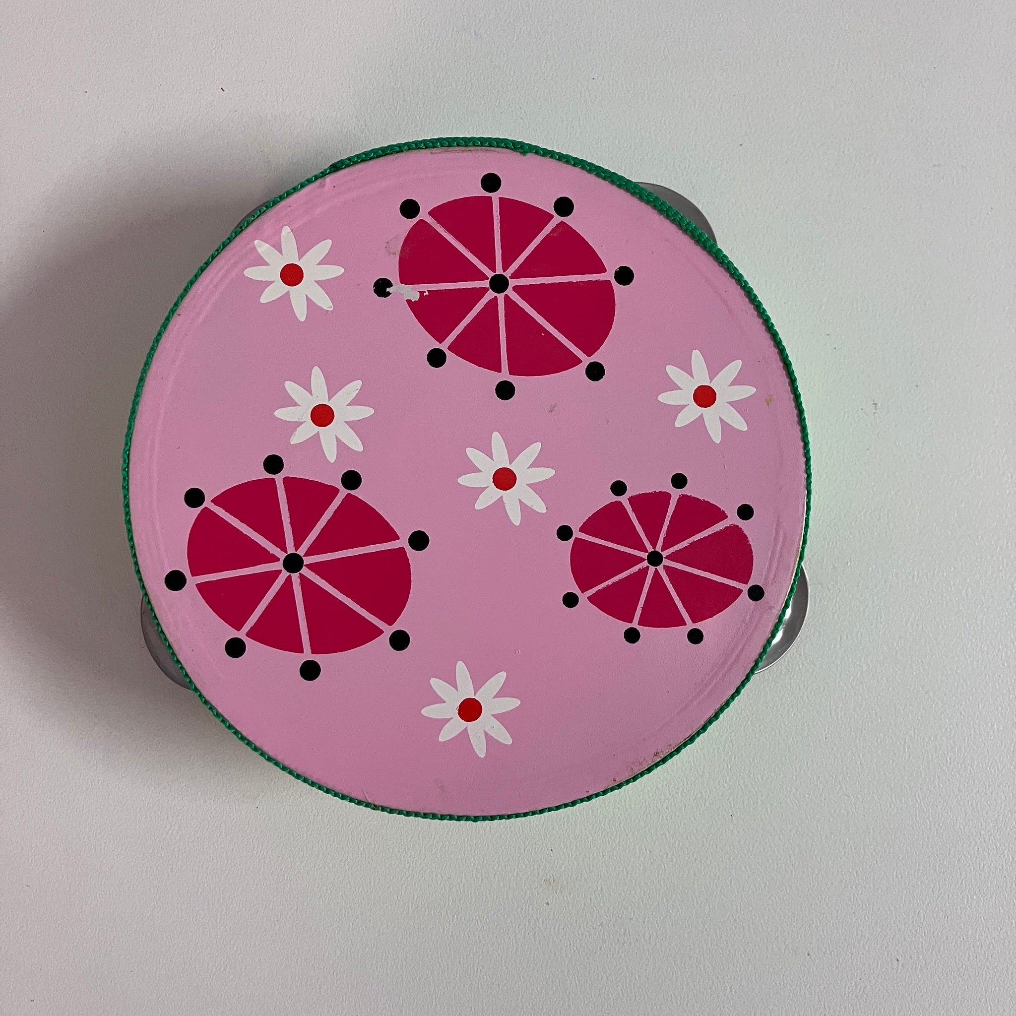 Wooden Tambourine  - Pink Pattern / Green on side