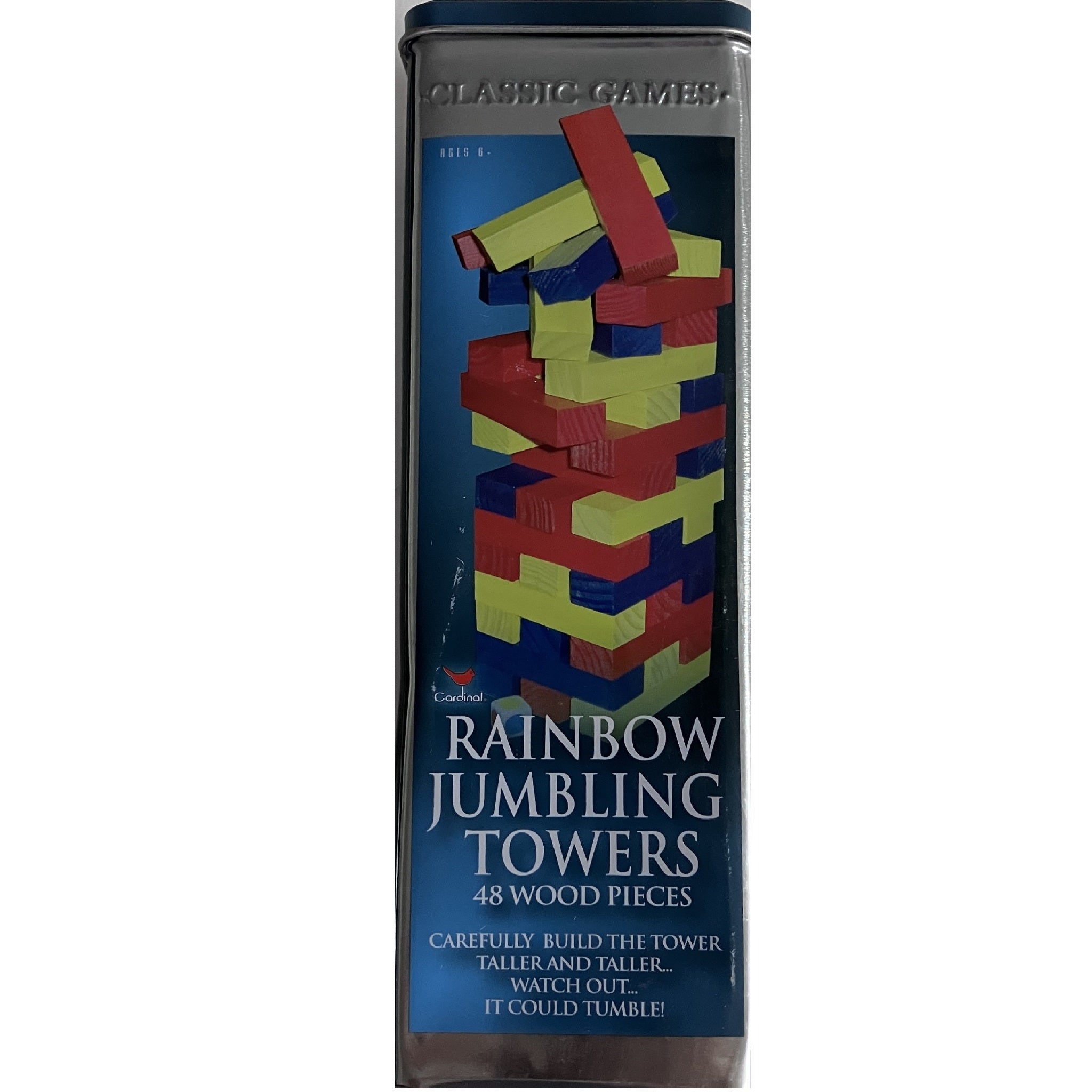 Wooden Rainbow Jumbling Towers in Tin Box