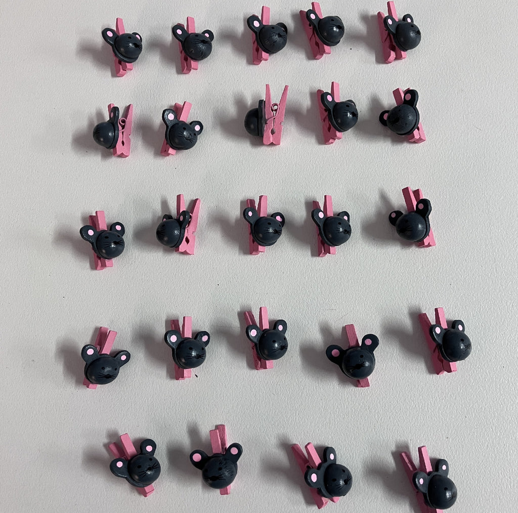 Wooden Mini Pegs - Grey Mouse on Pink Peg