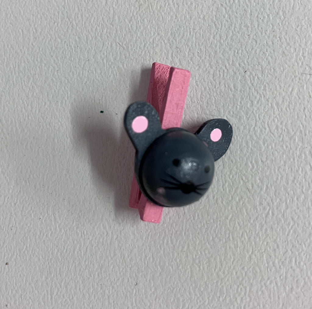 Wooden Mini Pegs - Grey Mouse on Pink Peg