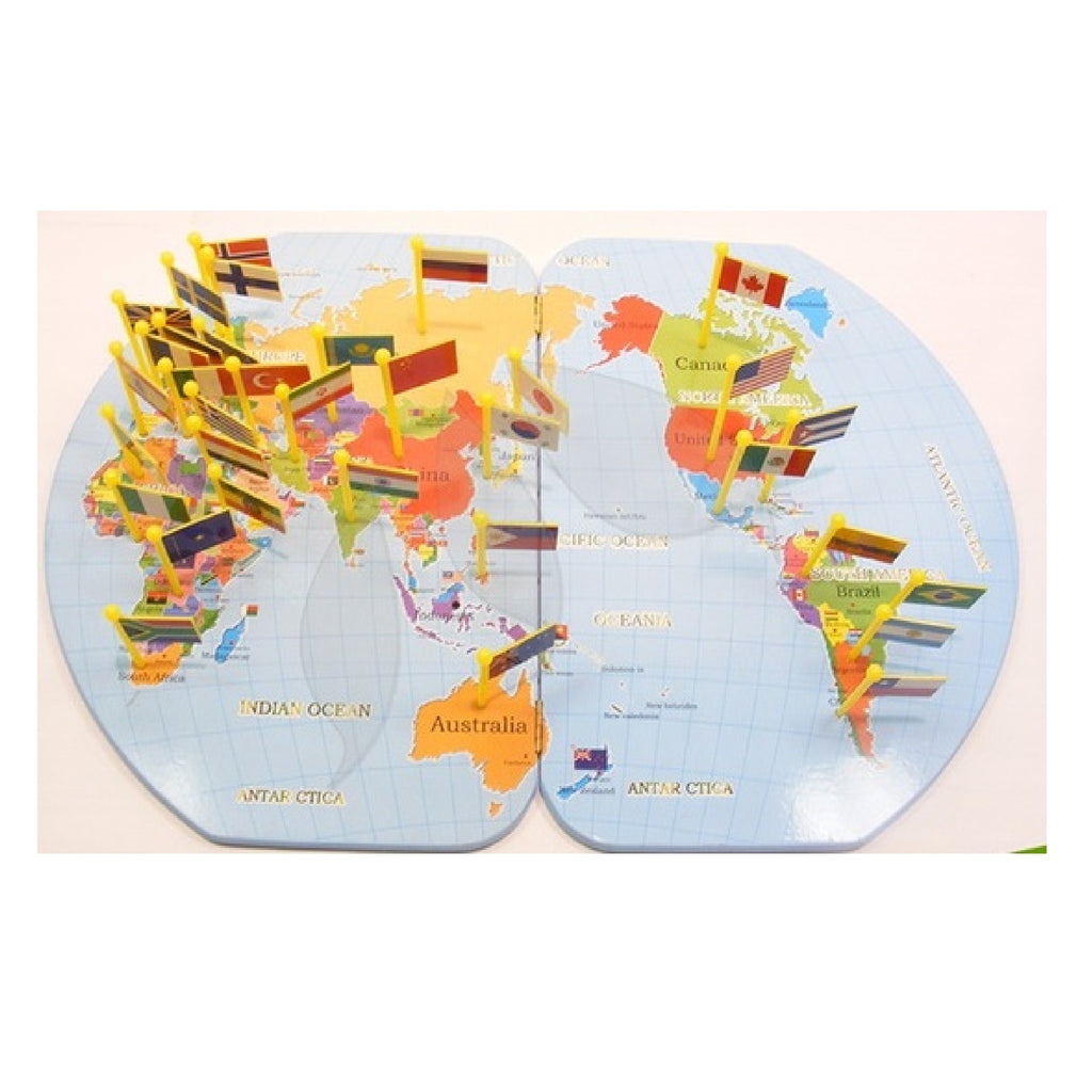 Wooden World Map with Flags