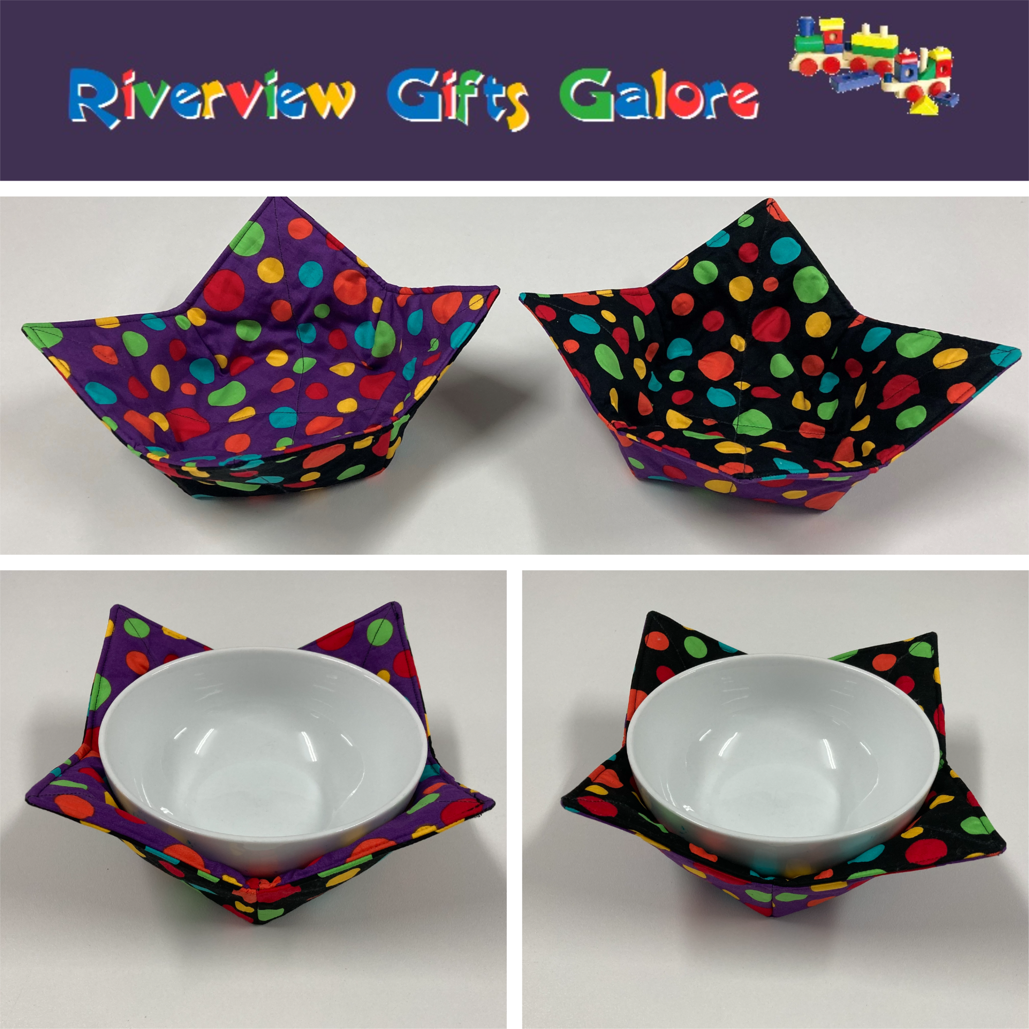 Soup Bowl Reversible Cozy – Colourful Spots on Purple and Black