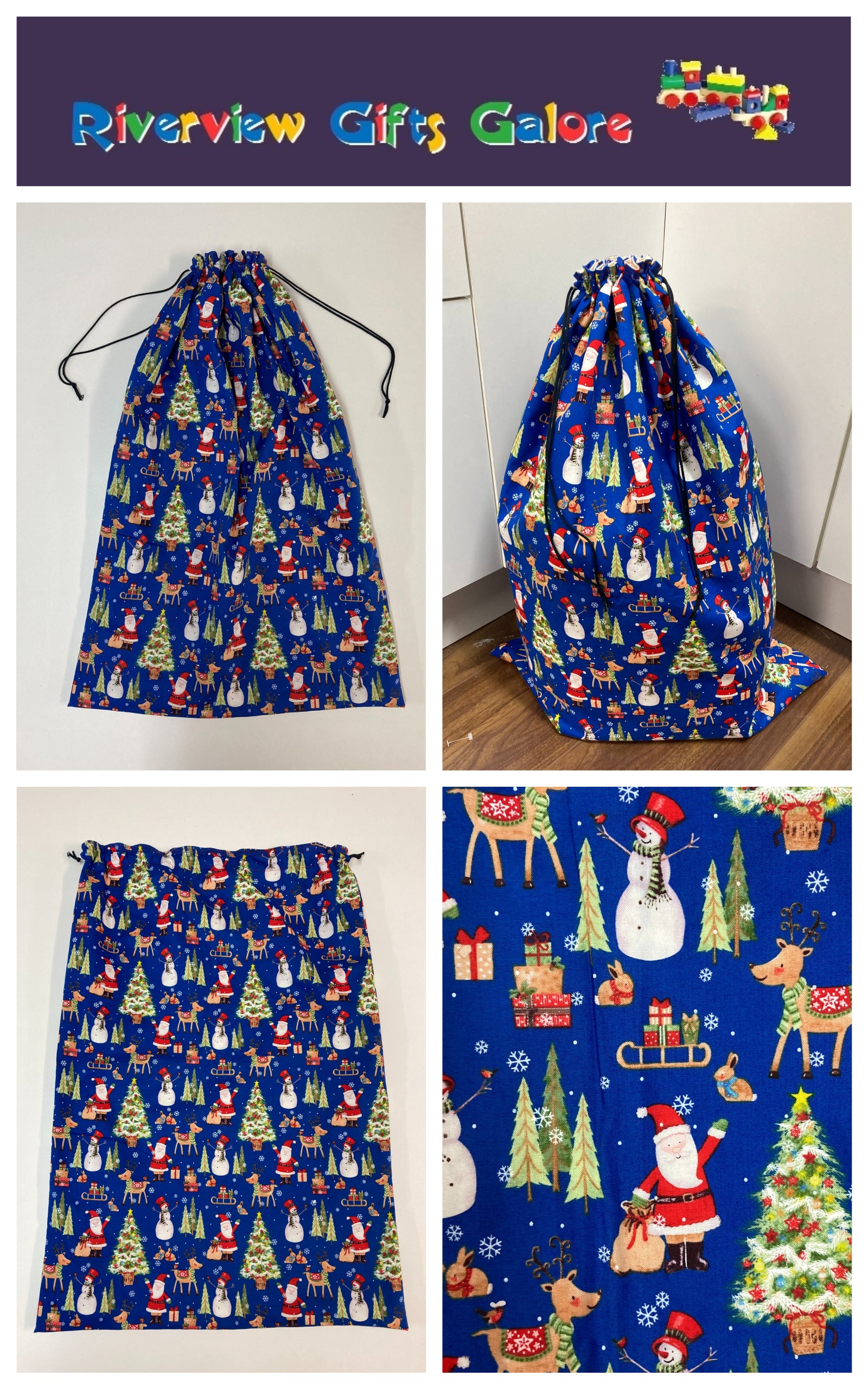 Santa Sack - Large - Christmas Print on Blue
