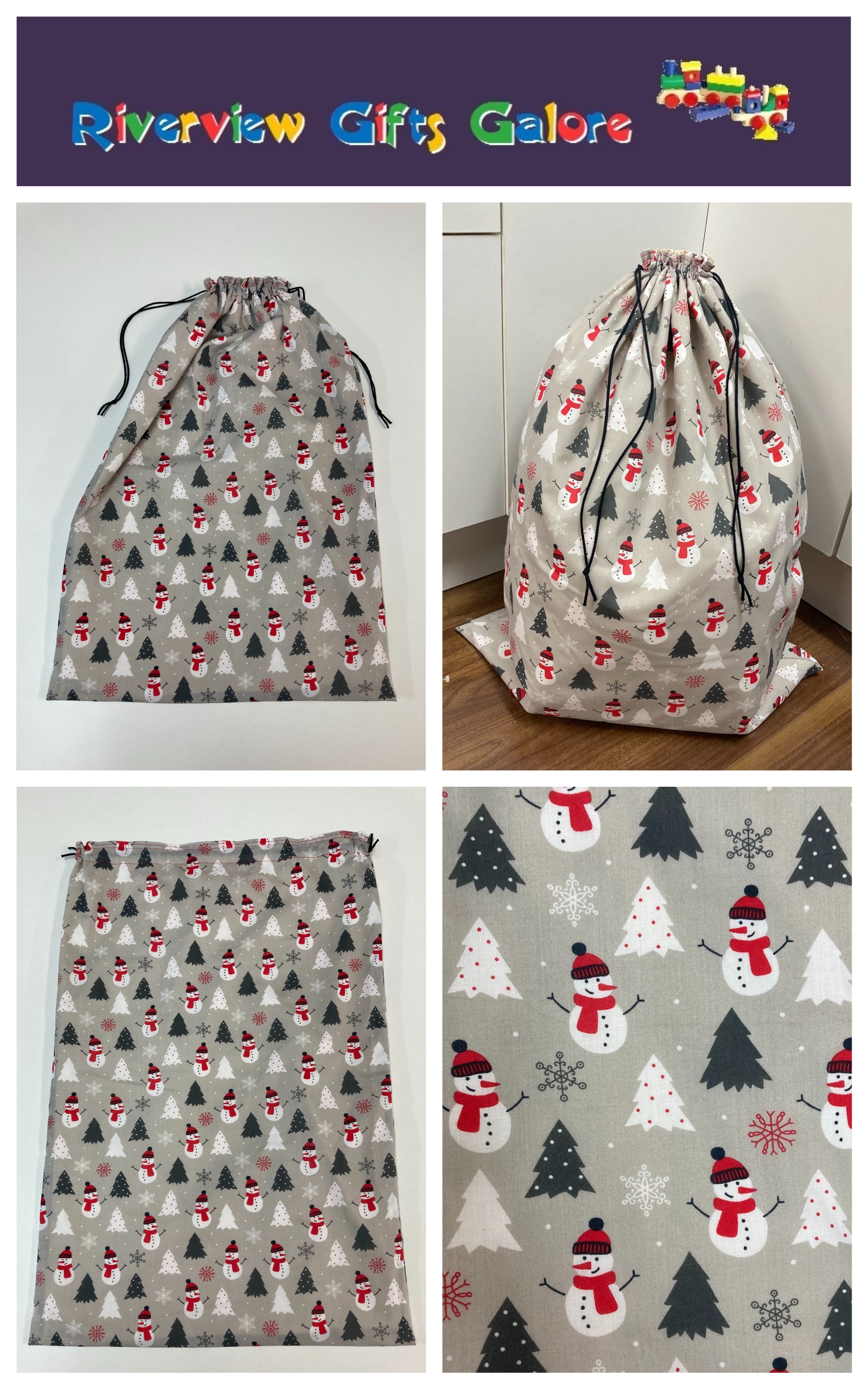 Santa Sack - Large - Snowmen and Xmas Trees on Grey