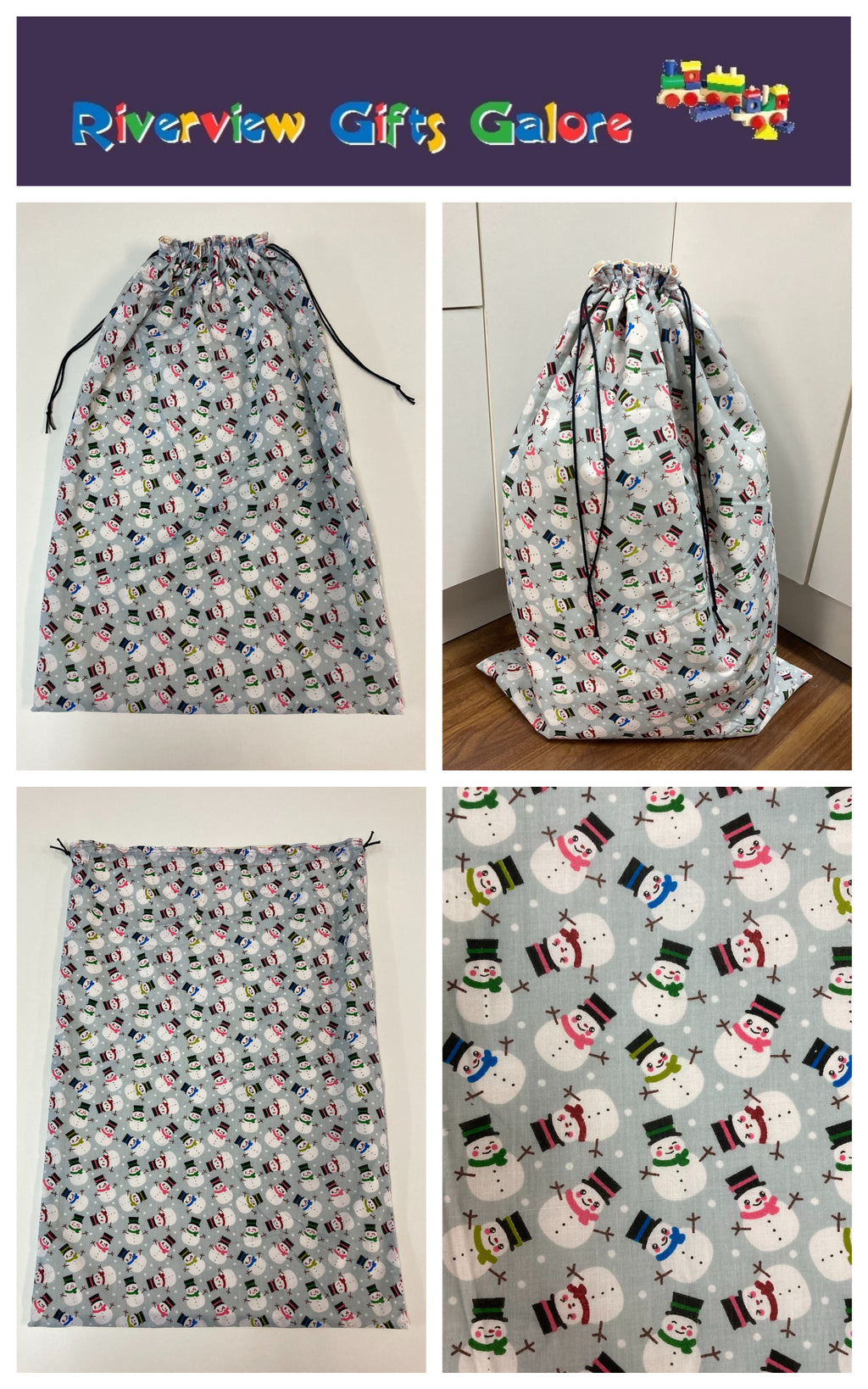Santa Sack - Large - Snowmen on Grey