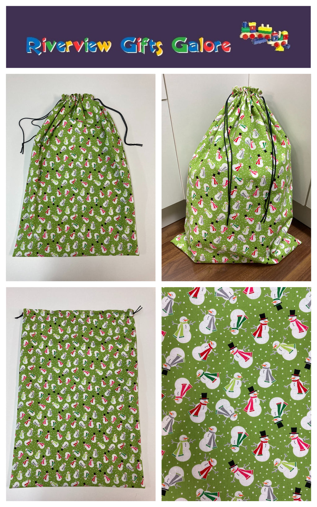 Santa Sack - Large - Snowmen on Lime