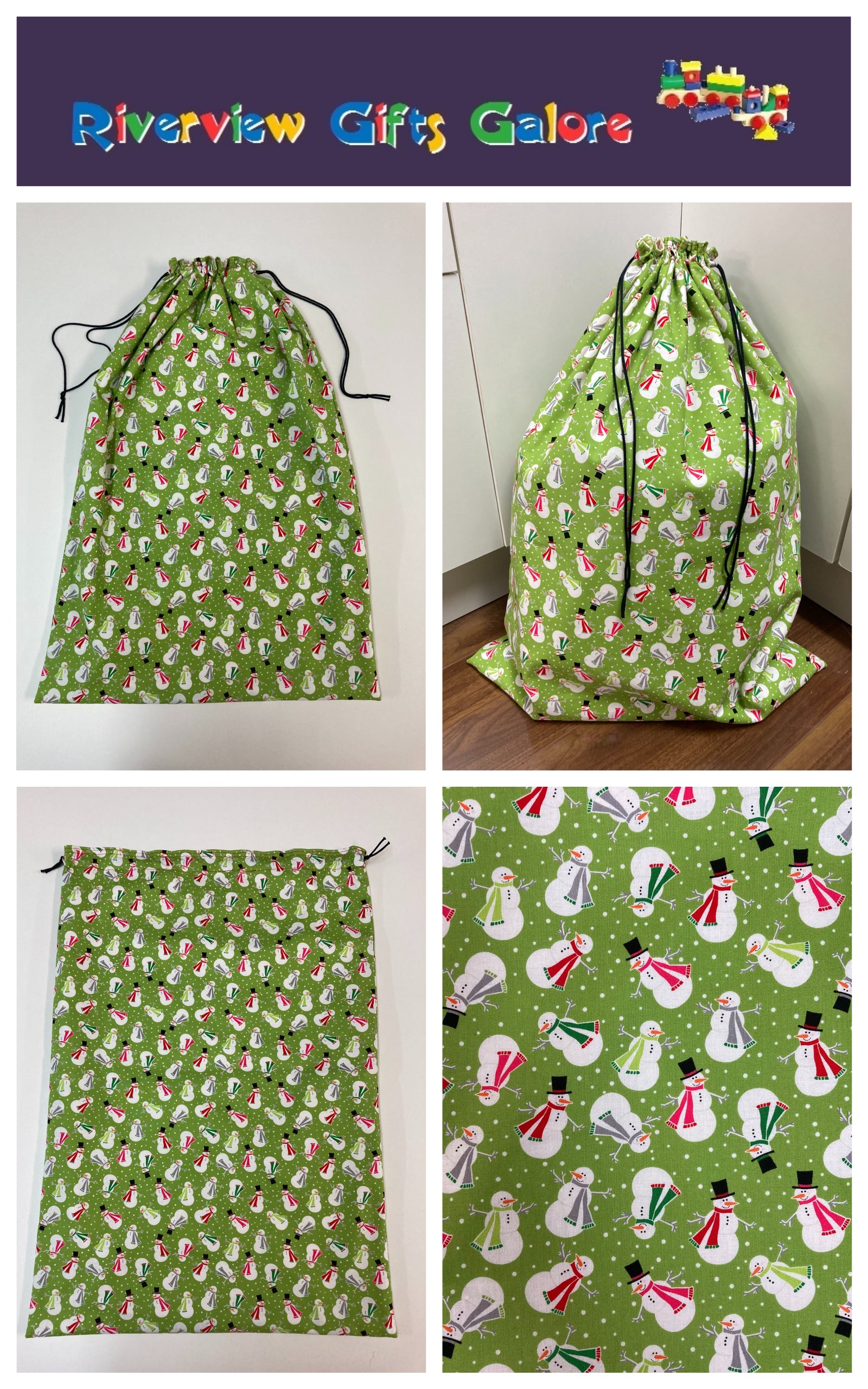 Santa Sack - Large - Snowmen on Lime
