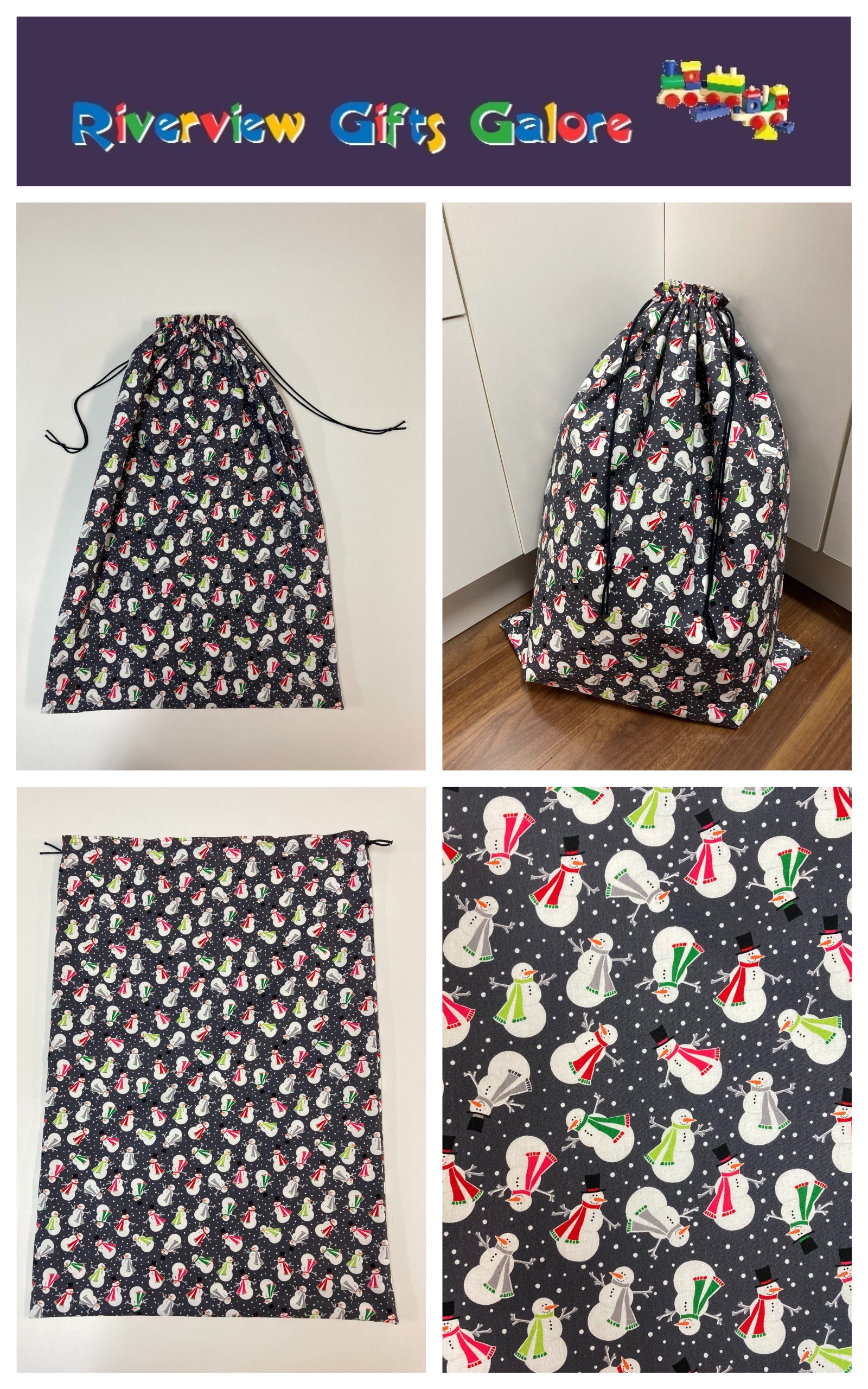 Santa Sack - Large - Snowmen on Dark Grey